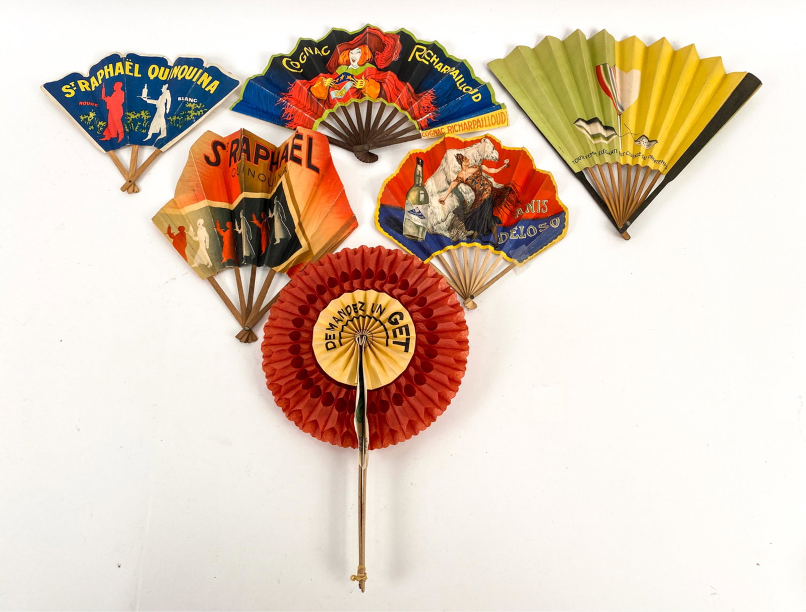 GROUPING OF VINTAGE FRENCH ADVERTISING FANS: Dimensions: (Longest, closed) L 11" Condition: Wear and tear consistent with age and use including toning, soiling, rips, losses, etc.