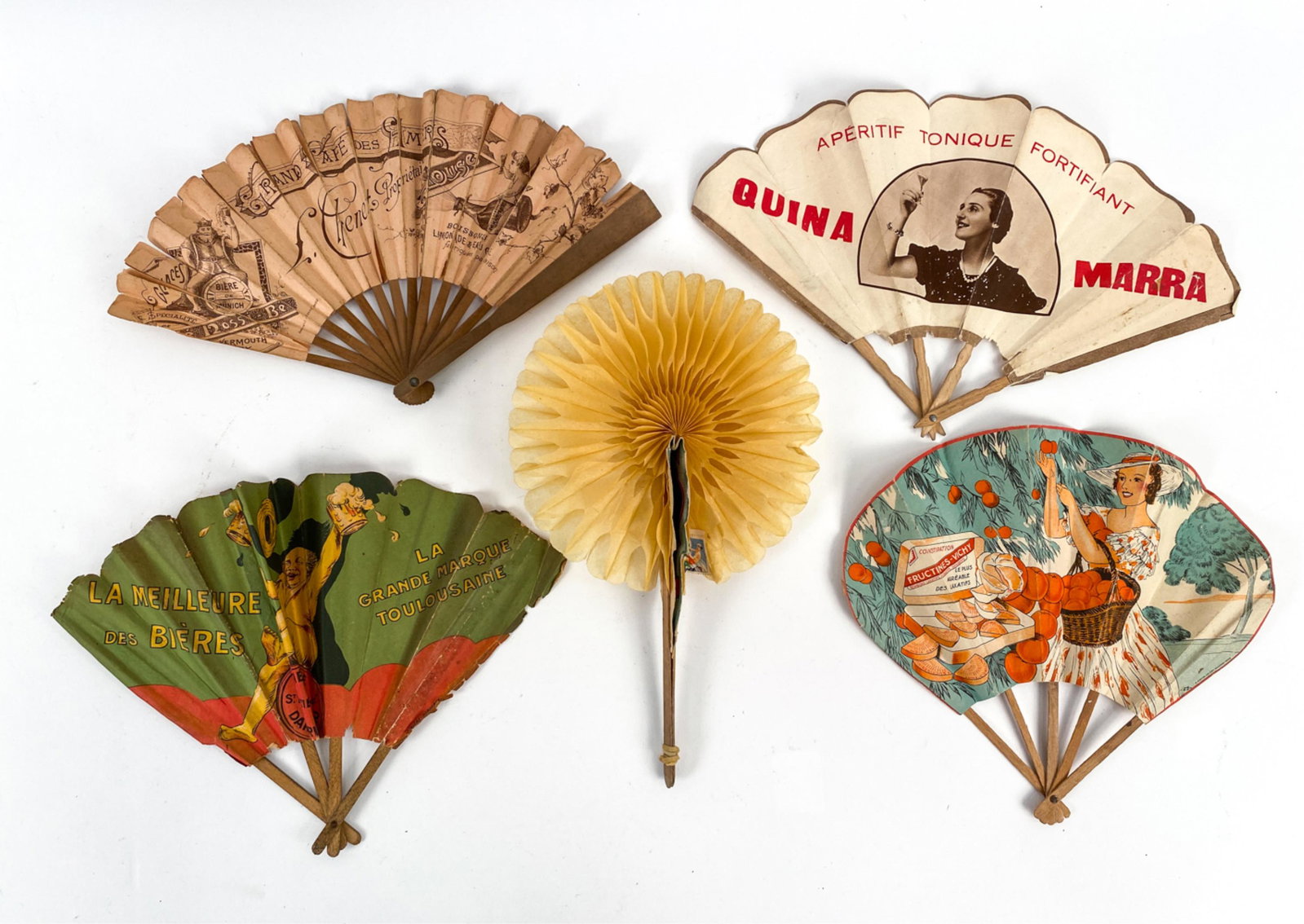 GROUPING OF VINTAGE FRENCH ADVERTISING FANS: Dimensions: (Longest, closed) L 8.5" Condition: Wear and tear consistent with age and use including toning, soiling, rips, losses, etc.