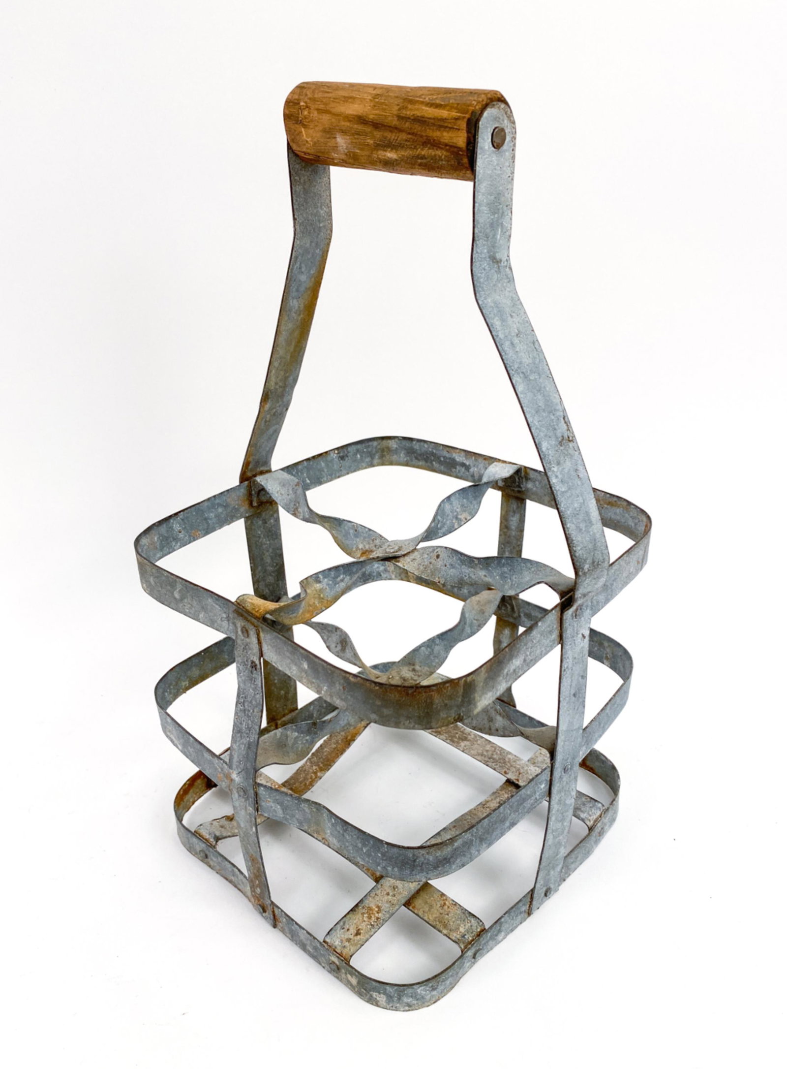 FRENCH 19TH C. WINE DELIVERY BASKET: Burgundy. Dimensions: H 15.25" x W 8.5" x D 8.25" Condition: Some bending, rust. Wear consistent with age and use.