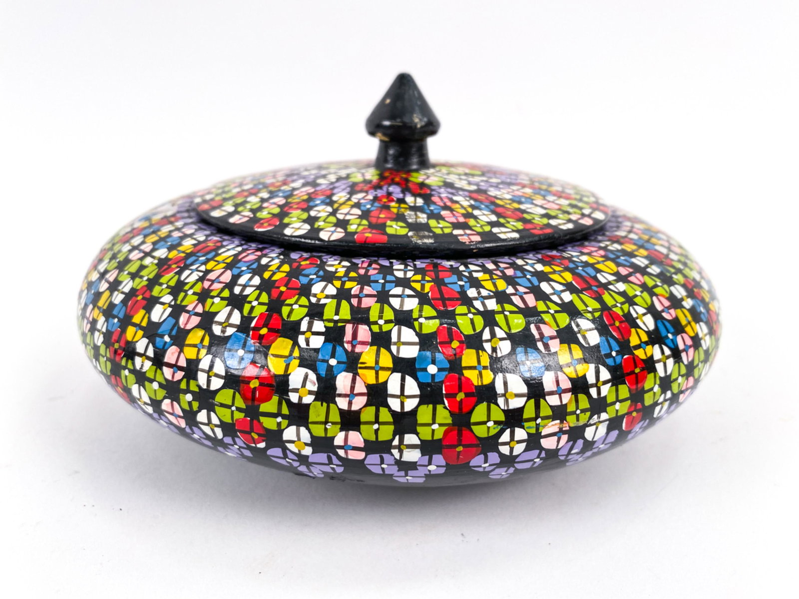 FRENCH LADIES POWDER JAR/OBJET DE TOILETTE: Signed underneath. Dimensions: H 4" x Dia. 7" Condition: Few small chips and paint losses.