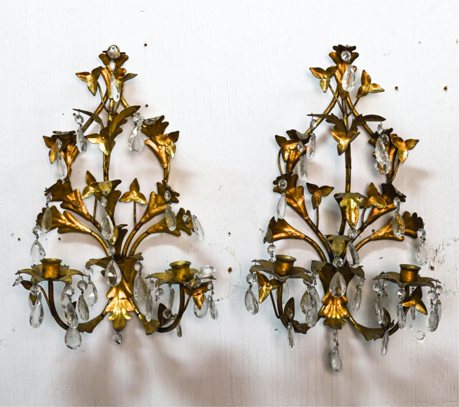 PAIR OF GILT METAL & CRYSTAL CANDLE SCONCES (1 of 9)