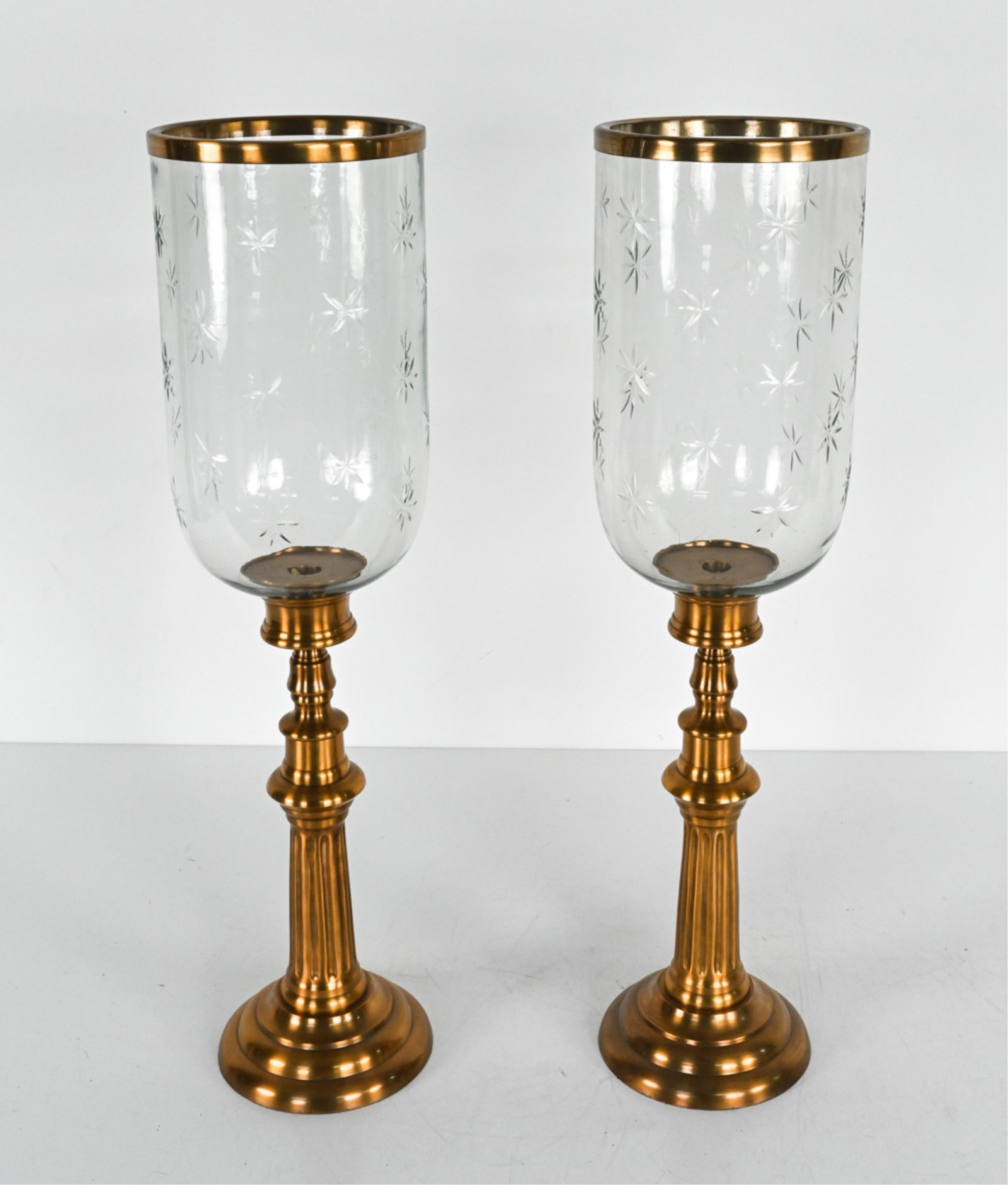 PAIR OF TALL CUT GLASS HURRICANE CANDLE HOLDERS (1 of 10)