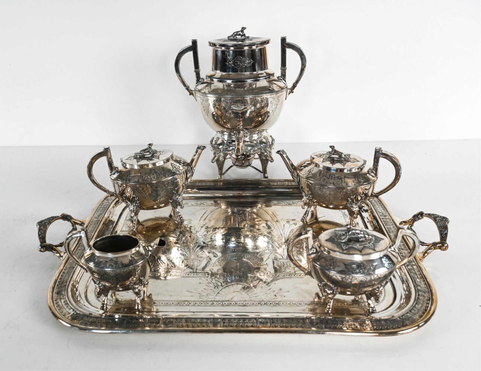 VICTORIAN SILVERPLATE STAG MOTIF COFFEE SERVICE (1 of 10)
