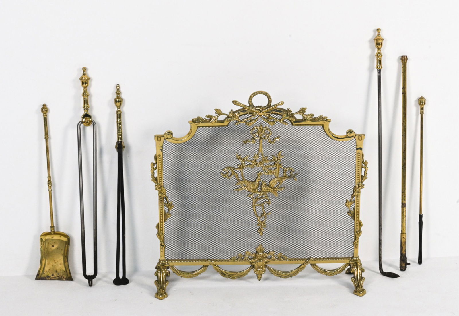FRENCH NEOCLASSICAL BRASS FIRE SCREEN W/ TOOLS (1 of 15)