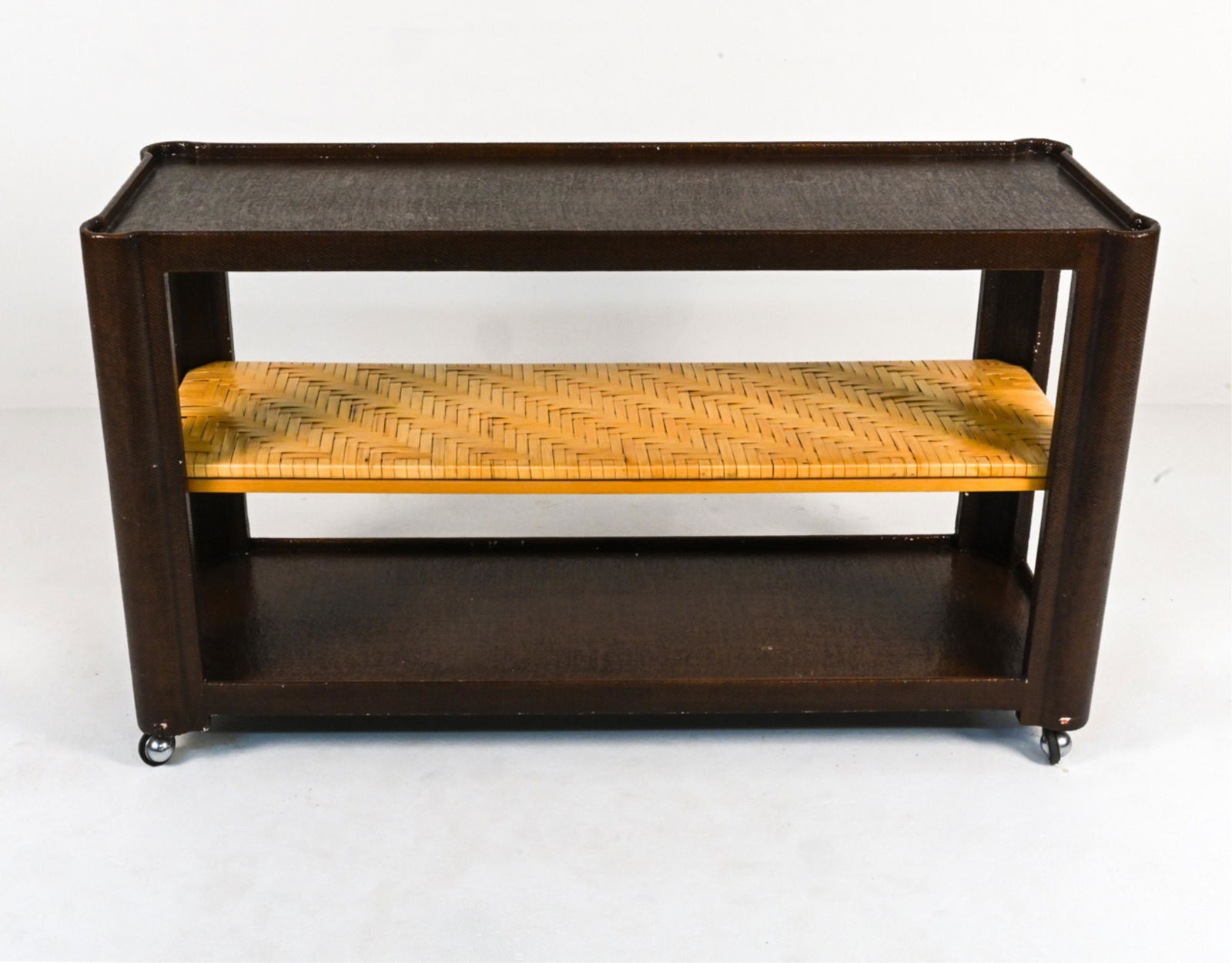TEXTURED LACQUER & WICKER CONSOLE OR BAR CART (1 of 16)