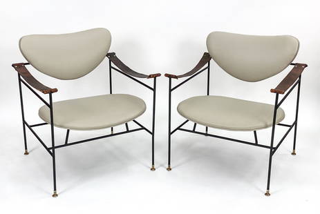 (2) LUTHER CONOVER MODERNIST IRON & LEATHER CHAIRS: Pair of fantastic Mid-Century Modern wrought iron & leather strap arm lounge chairs designed by Luther Conover. Dimensions: H 31.25" x W 25.5" x D 25" x SH 14.5" Condition: New leather upholstery. Ori