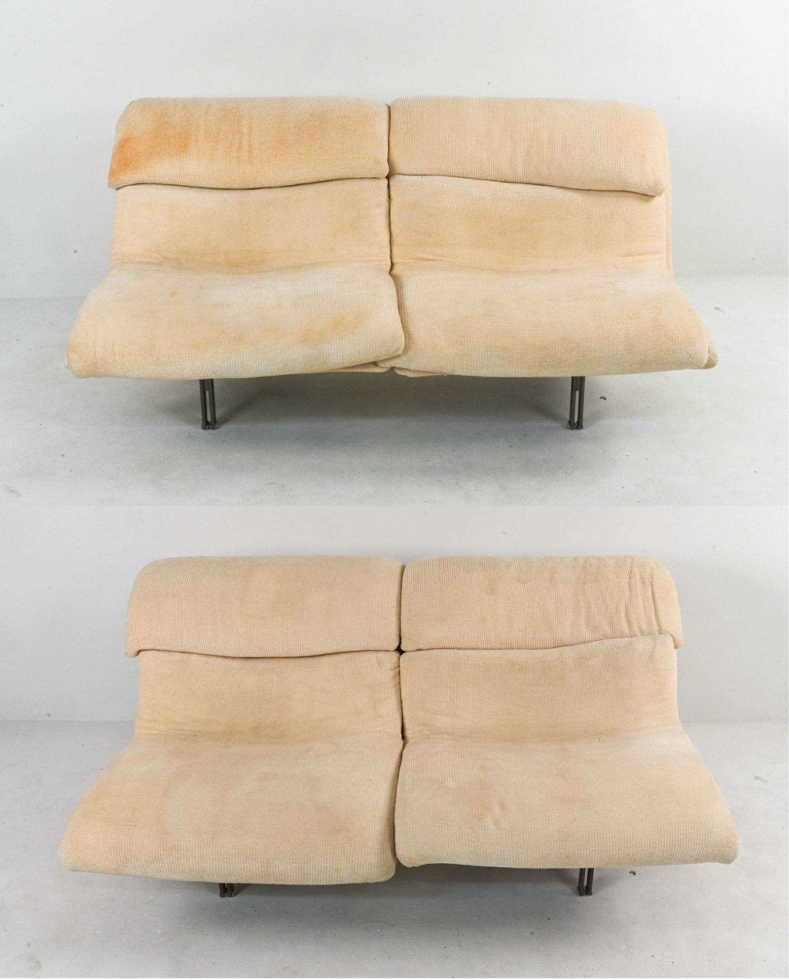 PAIR OF GIOVANNI OFFREDI FOR SAPORITI WAVE SETTEES: Pair of sculptural "Wave" loveseats with brushed steel legs and cream woven chenille fabric; designed by Giovanni Offredi for Saporiti Italia, c. 1970's-1980's; labeled on bases. Dimensions: H 29" x W