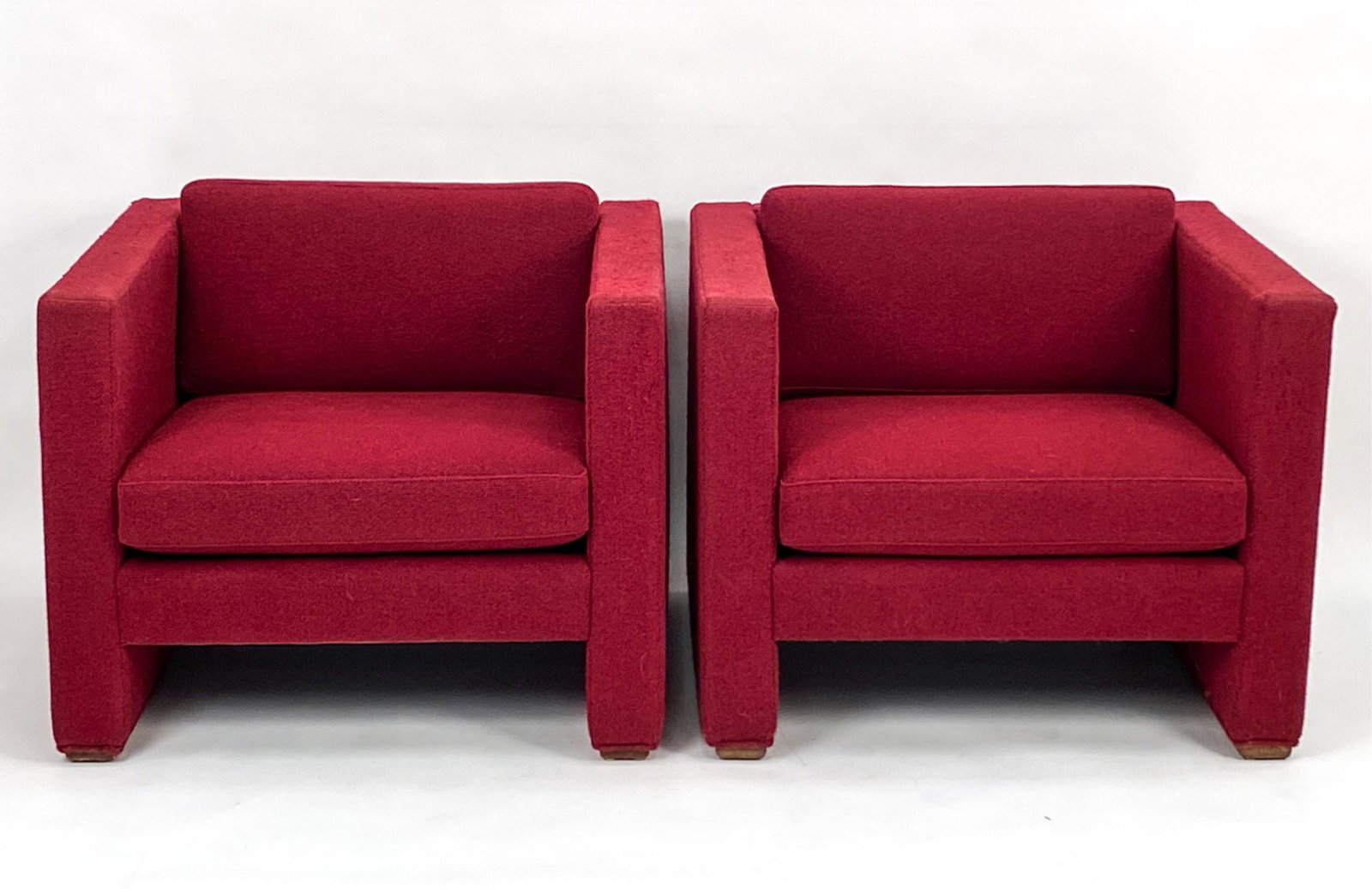 PAIR MID-CENTURY JACK CARTWRIGHT CUBE CHAIRS: (2) modernist cube lounge chairs on walnut bases designed by Jack Cartwright. Original fabric and manufacture tag Jack Cartwright Inc. Highpoint, N.C., dated 4/18/86. *Note that consignors father was