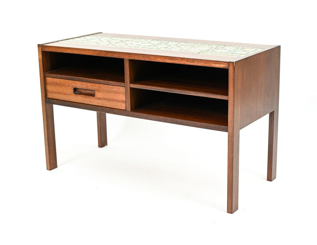 HASLEV ROYAL COPENHAGEN TILE INSET CONSOLE: Danish mid-century petite console in mahogany, by Haslev with Royal Copenhagen inset tile top. With Danish Control label and Royal Copenhagen decal to back. Tile top signed to corner. Dimensions: H 19