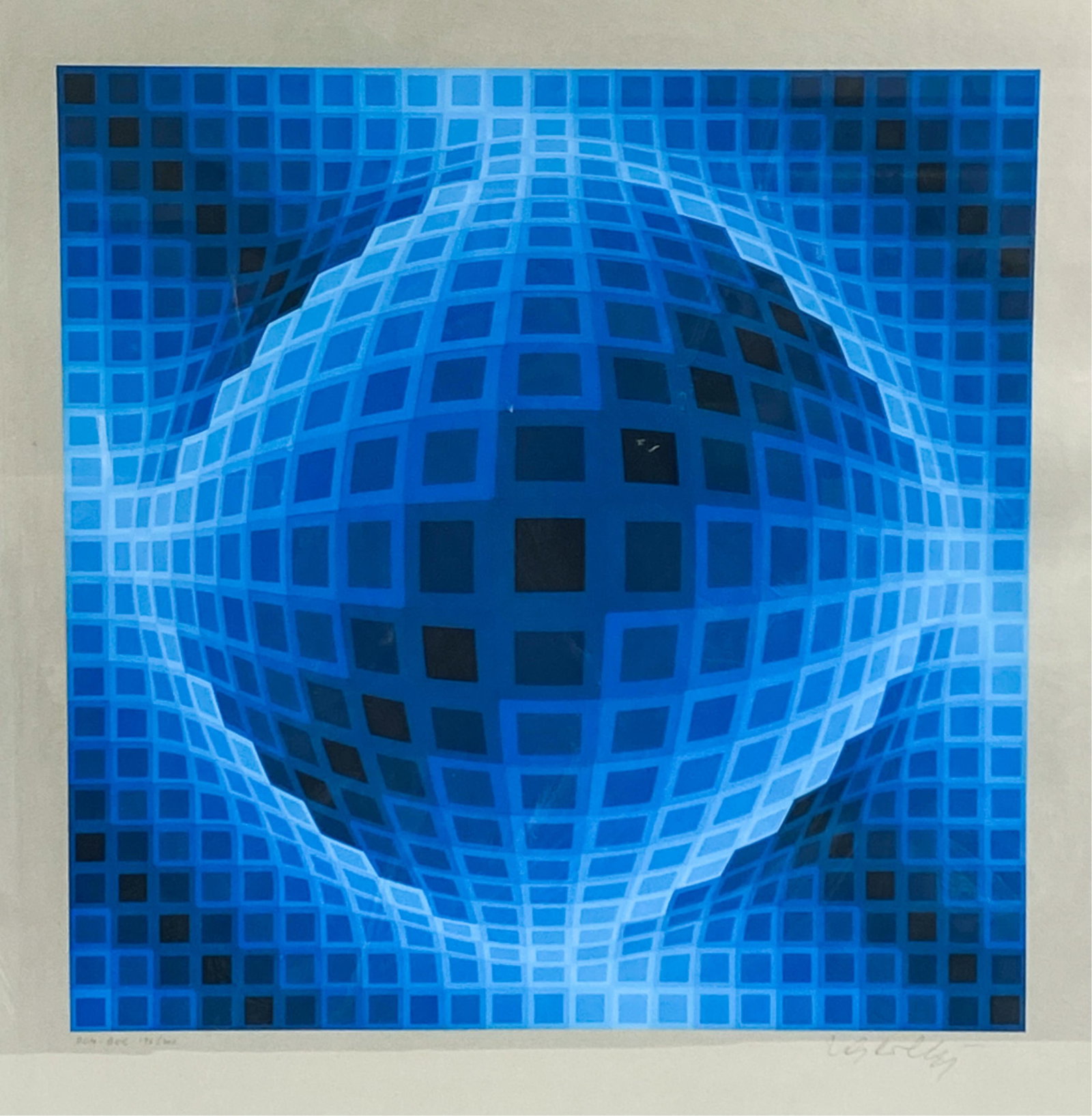 VICTOR VASARELY, HUNGARIAN (1906-1977) LITHOGRAPH: Lithograph printed on silver paper. Signed lower right. Titled "Dom-Bor" lower left. Numbered 196/200. Dimensions: (Frame) H 35" x W 29.5", (Paper) H 30" x W 24" Condition: Inset loosely in frame. No 