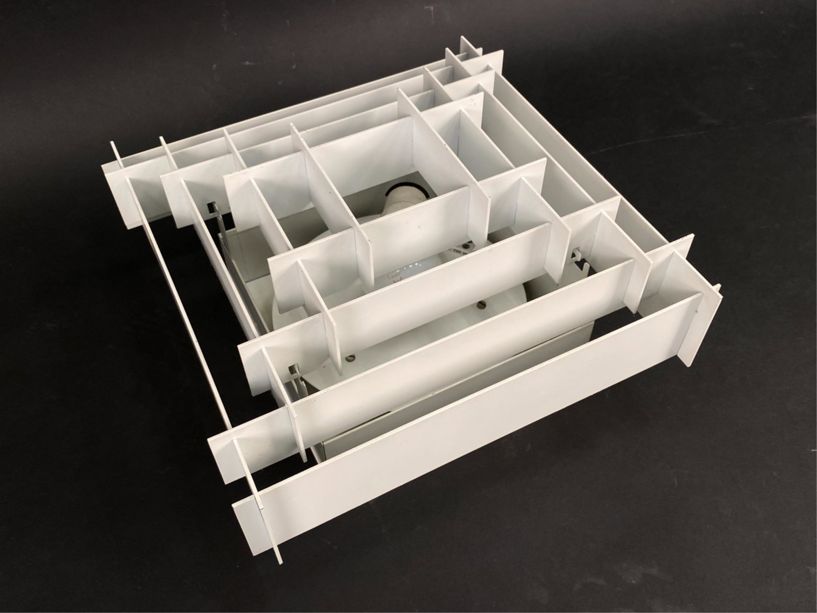 SCANDINAVIAN MODERN STEPPED FLUSH MOUNT LIGHT: White powder coated finish. Dimensions: H 7.5" x W 13" x D 13" Condition: Untested. Minimal surface wear.