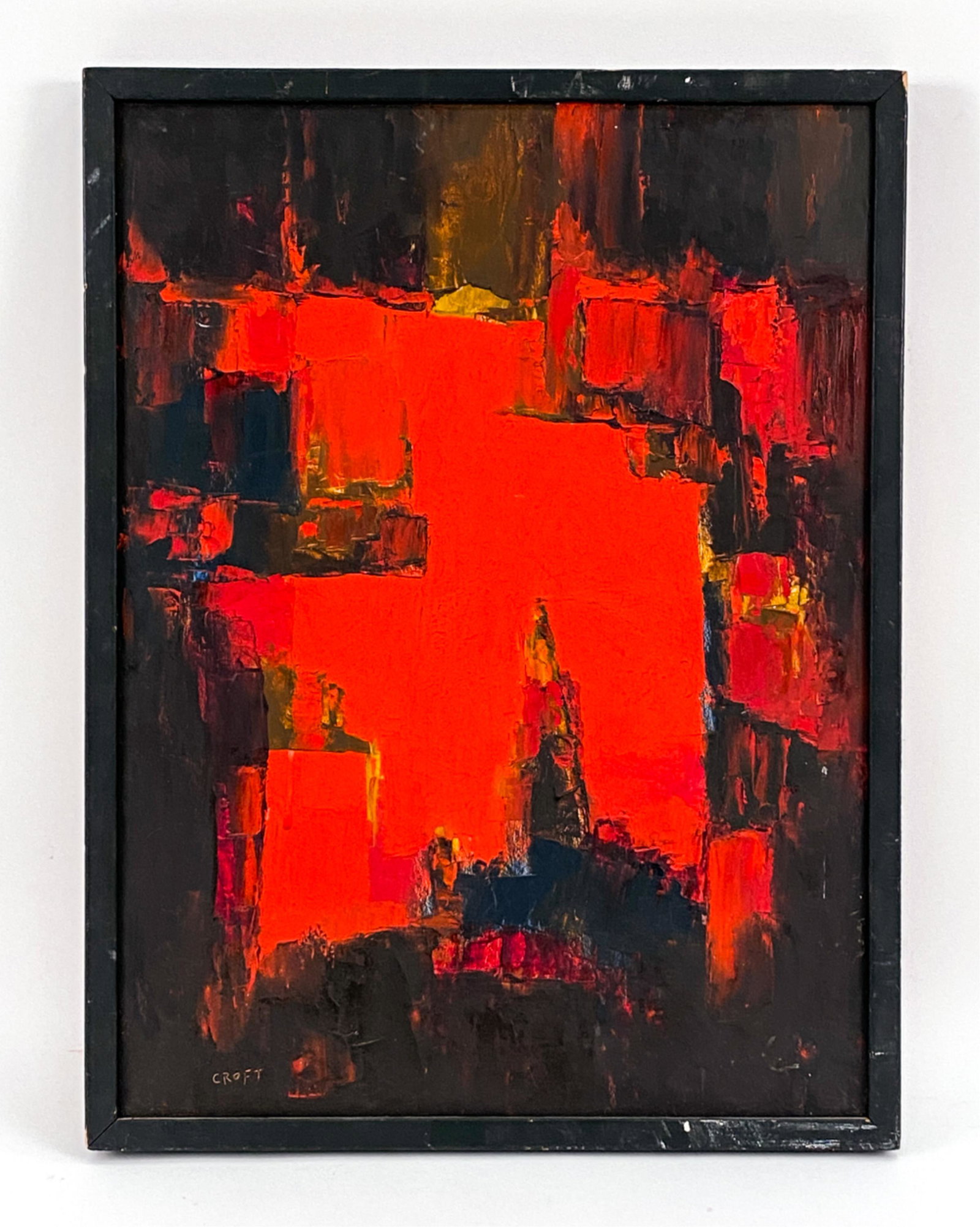 MID-CENTURY ABSTRACT OIL ON MASONITE: Signed Croft lower left. With inscription verso. Dimensions: (Frame) H 25" x W 19", (Painting) H 23.5" x W 17.5" Condition: Unvarnished, some surface marks.