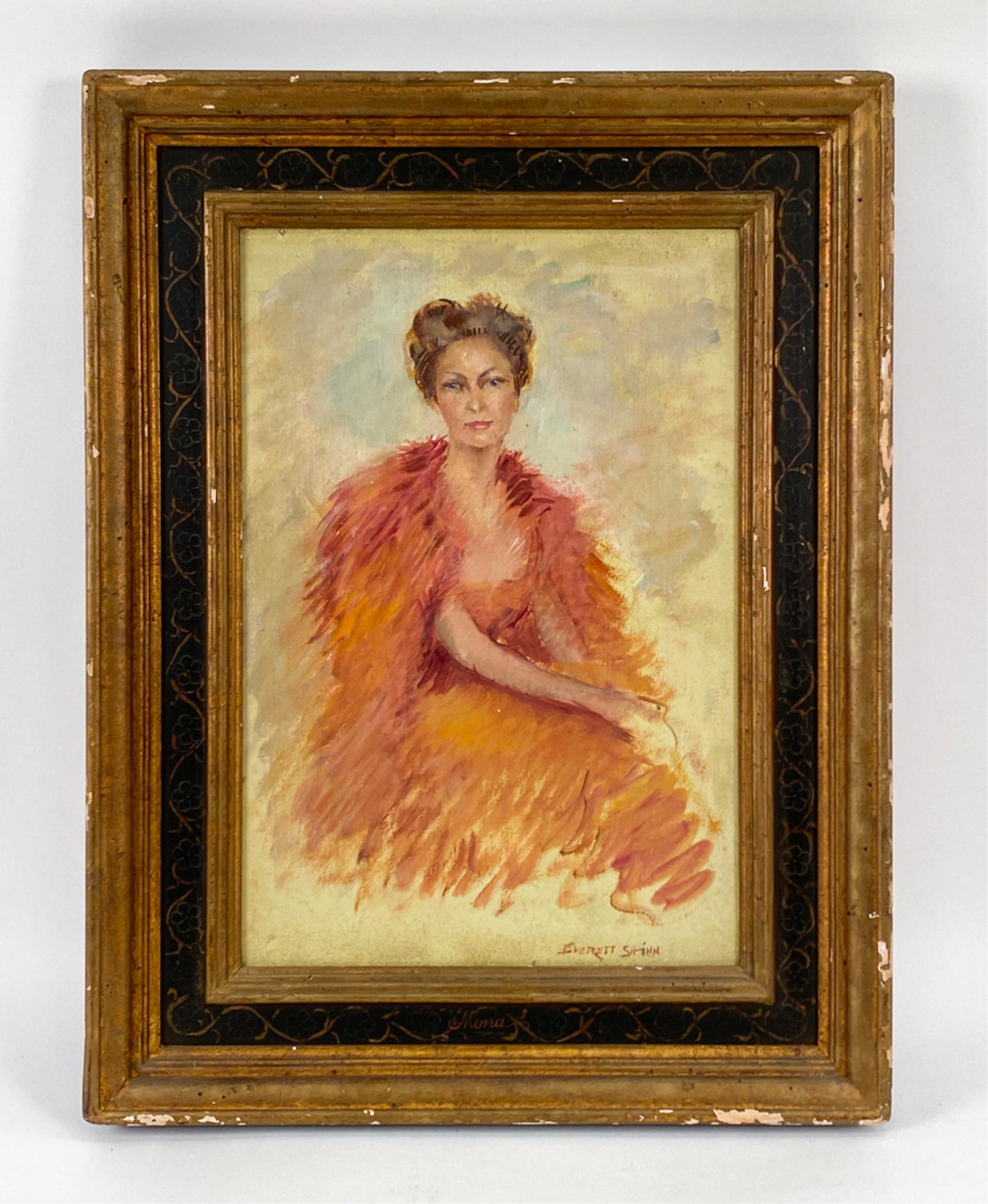O/B PORTRAIT: Face of painting with portrait of seated woman, bears signature Everett Shinn (we do not believe this to be by Everett Shinn). Back of painting with nude oil sketch. Dimensions: (Frame) H 27.75" x W 2