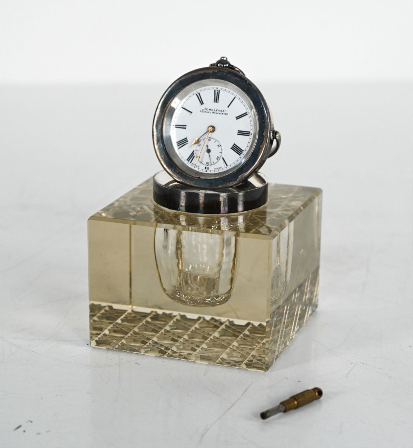 STERLING & CRYSTAL INKWELL WITH POCKET WATCH CLOCK (1 of 10)