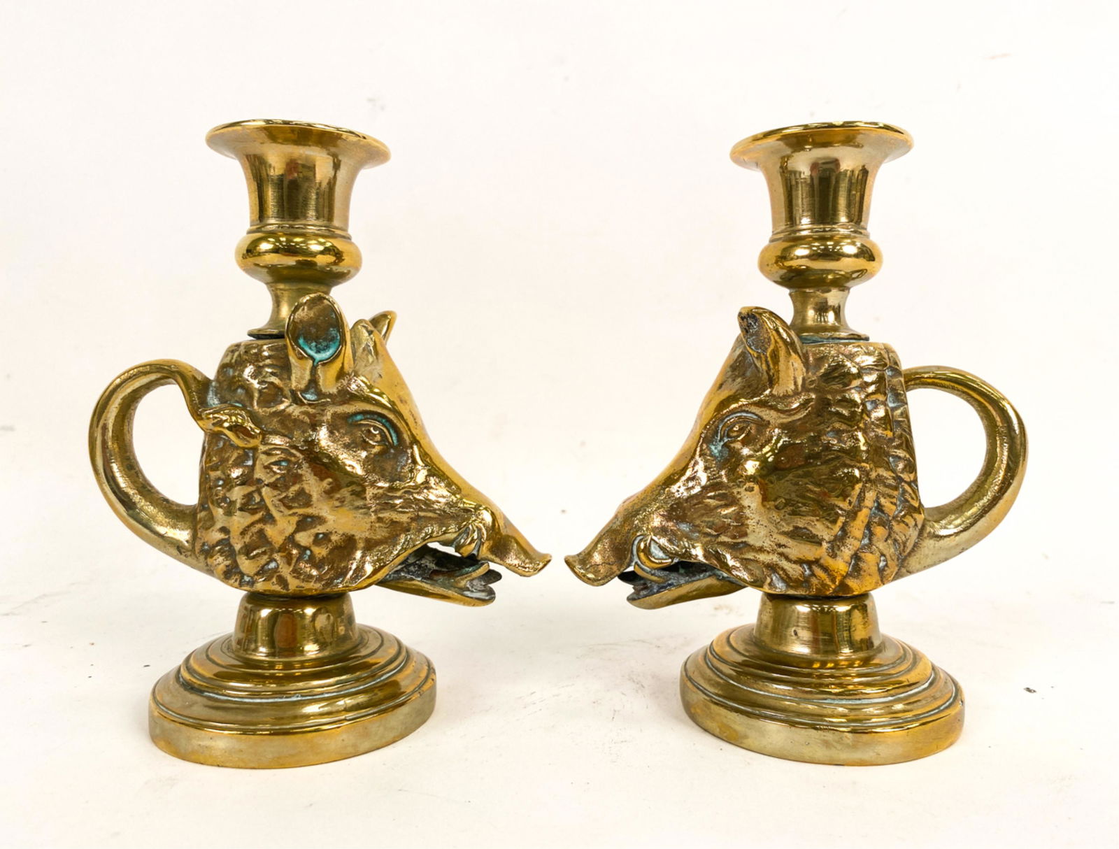 PAIR OF 19TH C. BOARS HEAD BRASS CANDLESTICKS (1 of 11)