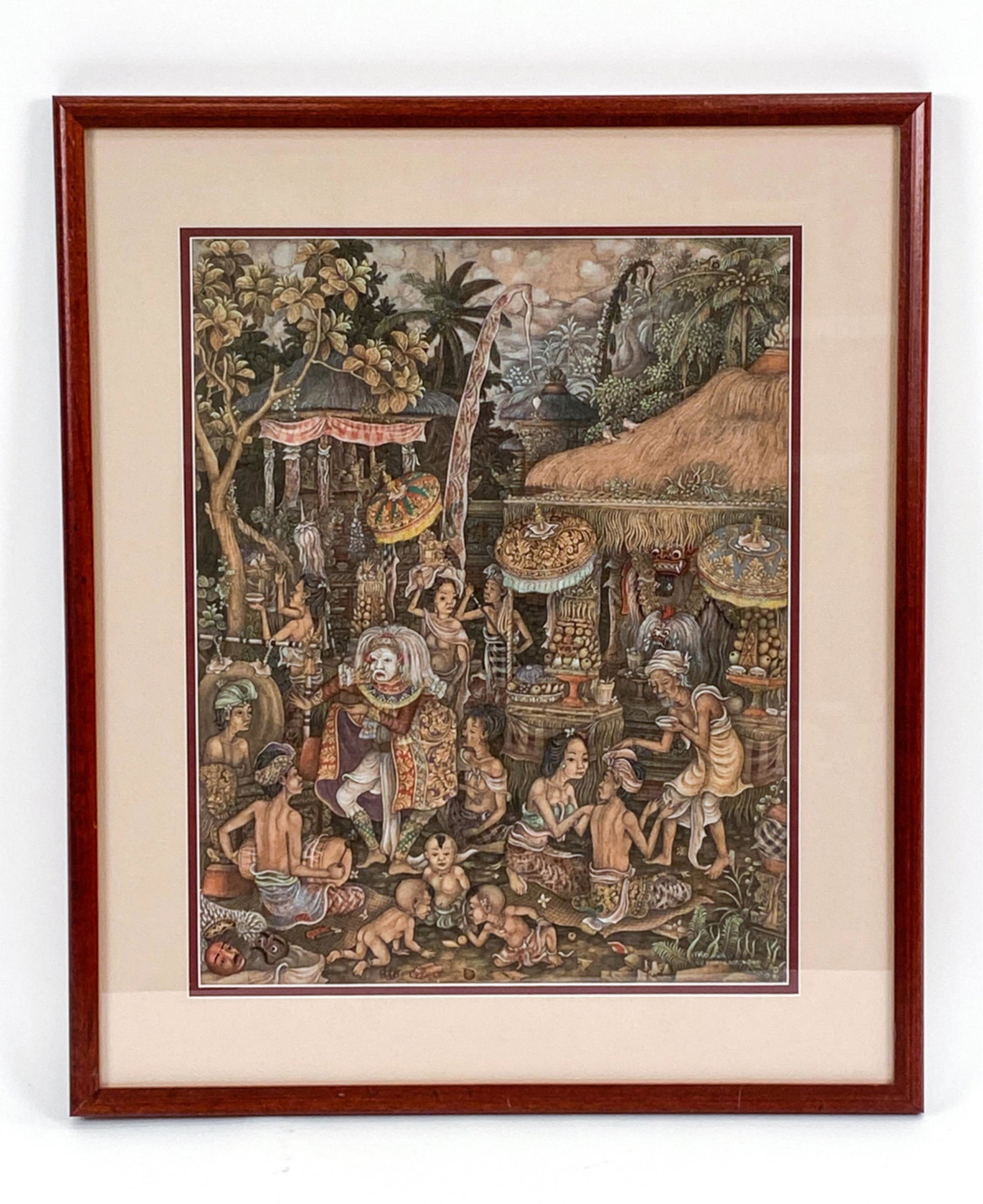 I MADE JIWA, INDONESIAN (20TH C) BALINESE FESTIVAL: Balinese festival. Tempera on fabric. Signed and inscribed lower right. Dimensions: (Frame) H 23.5" x W 20", (Sight) H 17" x W 14" Condition: Unexamined out of frame. Few marks to frame.