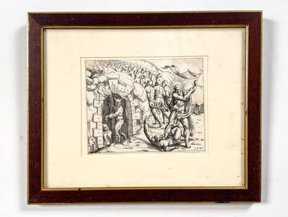 AUGUSTIN HIRSCHVOGEL AFTER ETCHING: "Harrowing of Hell" c. 1550. Cut out from larger sheet. With certificate and further descriptions verso. Dimensions: (Frame) H 9.25" x W 11", (Paper) H 4.5" x W 5.75" Condition: Paper trimmed to borde