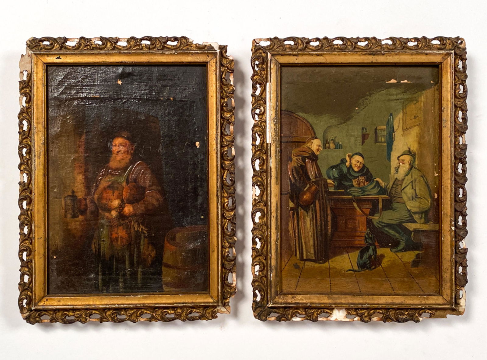 (2) 19TH C. PAINTED PRINTS: Prints laid down on canvas, painted with oil. Dimensions: (Frame) H 9.5" x W 7.5" Condition: Prints/paintings with damages. Paint loss. Uneven varnish. Frames with breaks.