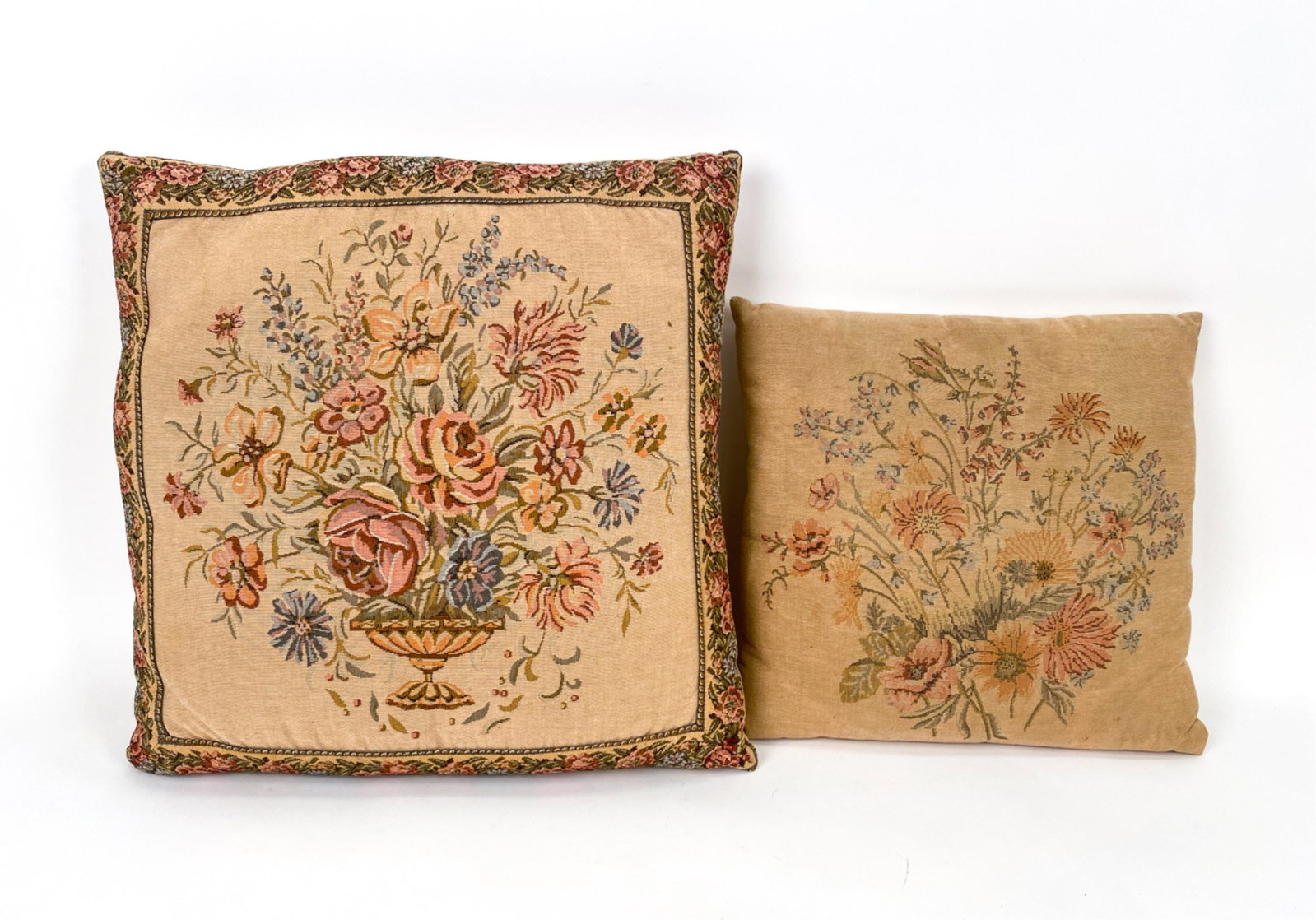 (2) 19TH C. BRITTANY TAPESTRY PILLOWS: Dimensions: (Larger) H 22.5" x D 22" Condition: Wear from age and use including soiling.