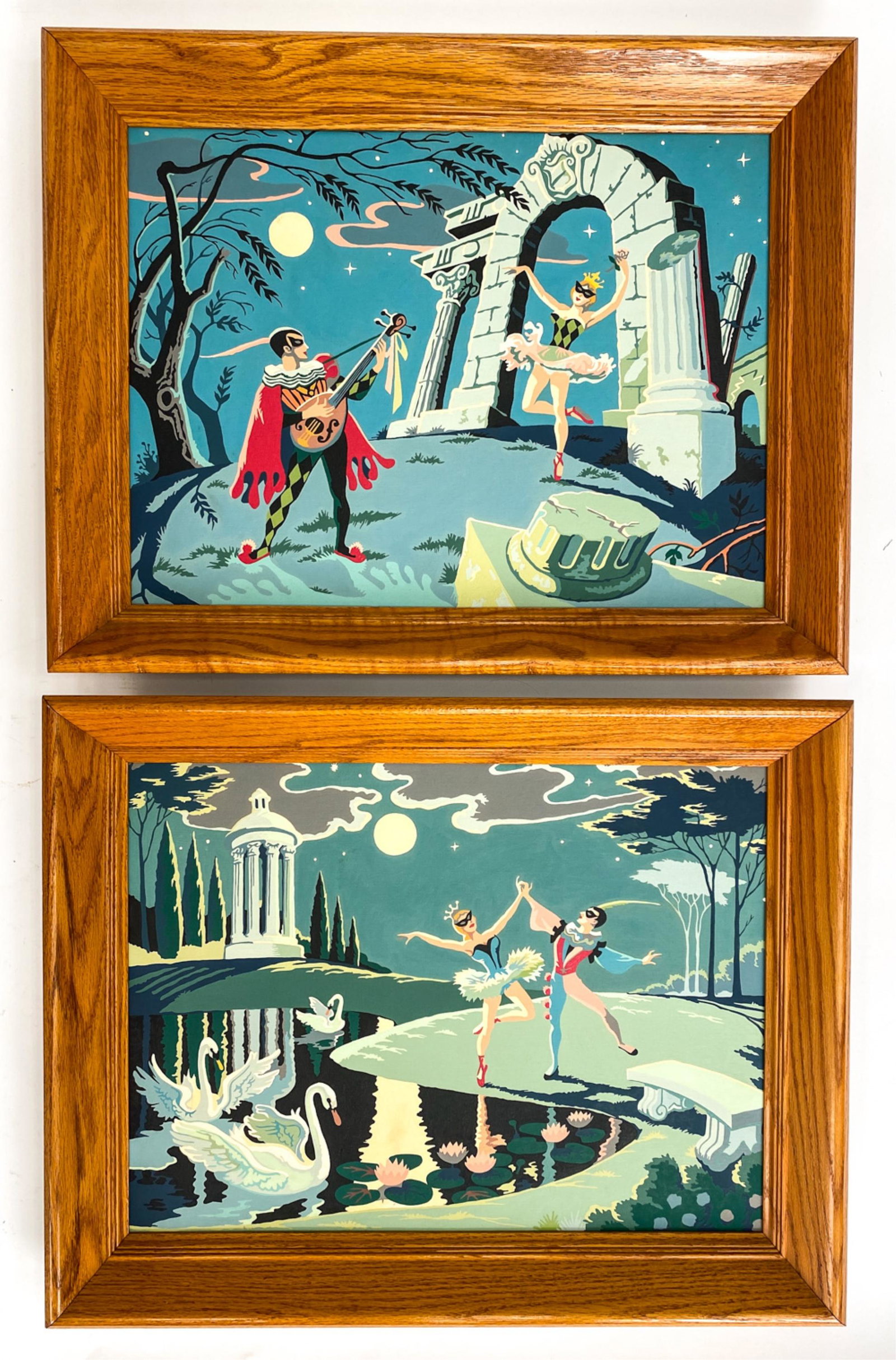 PAIR OF VINTAGE PAINT BY NUMBERS: Pair paint by numbers. Apparently unsigned. Circa 1950. Dimensions: (Frame) H 22.25" x W 28.25" x D 2.5" (Board) H 18" x W 24" Condition: Art has no issues to note. Frame has minor surface wear and a 