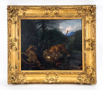 ATTR. JAMES WARD, BRITISH (1762-1859) O/C: Lions and leopards fighting in a landscape. Apparently unsigned. In a fine period frame. Frame with attached label concerning conservation work done to the painting. Dimensions: (Frame) H 38" x W 42.5