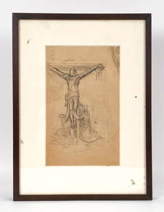 MORGAN RUSSELL (1886-1953) PENCIL SKETCH: Pencil sketch of crucifixion. With notes. Salander-O'Reilly Galleries label verso, giving artist as Morgan Russell and their registration number. Dimensions: (Frame) H 19.75" x W 14.75", (Sight) H 12.
