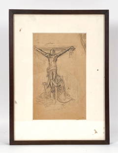 MORGAN RUSSELL (1886-1953) PENCIL SKETCH: Pencil sketch of crucifixion. With notes. Salander-O'Reilly Galleries label verso, giving artist as Morgan Russell and their registration number. Dimensions: (Frame) H 19.75" x W 14.75", (Sight) H