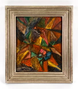 ATTR. MORGAN RUSSELL (1886-1953) OIL ON PANEL: Abstract from the artist's Paris Period. On a reused French mahogany panel. Apparently unsigned. Faint monogram verso. Dimensions: (Frame) H 30" x W 26", (Panel) H 23" x W 19" Condition: Panel warped.