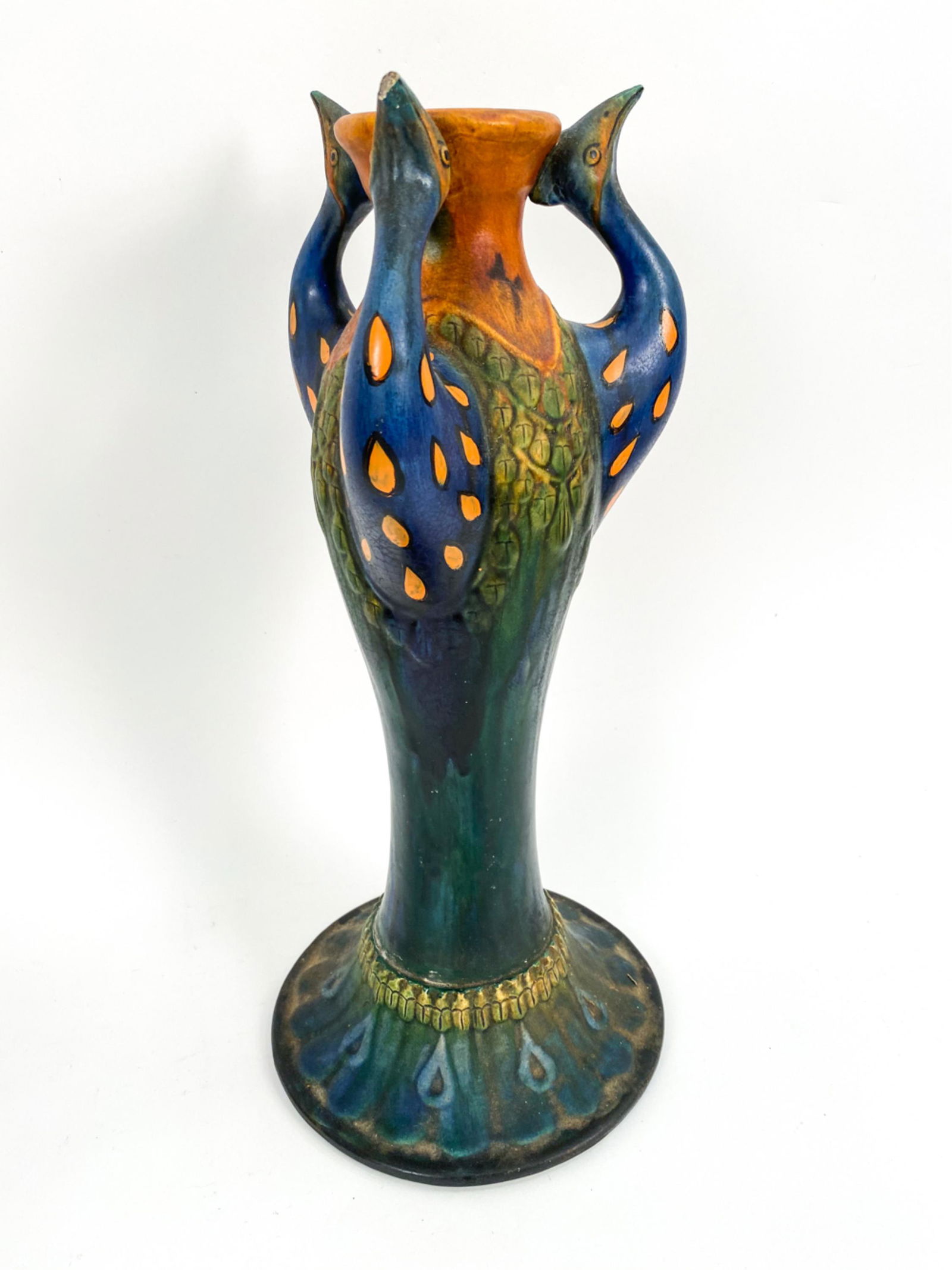 VINTAGE ART NOUVEAU-STYLE FAIENCE PEACOCK VASE (1 of 13)