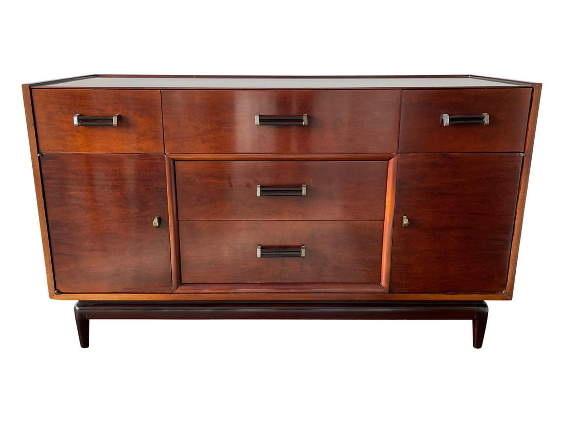 ART DECO FRUITWOOD DINING SIDEBOARD OR BUFFET: Originally purchased for $8000. Dimensions: H 30.5" x W 52.75" x D 21" Condition: Wear and tear consistent with age. Very minor scratch/scuffs on rim of wood in a few places and legs. SKU: 5343003