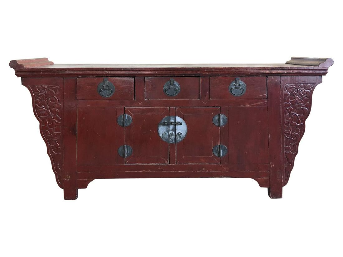 ANTIQUE CHINESE RED LACQUERED SIDEBOARD CABINET (1 of 9)
