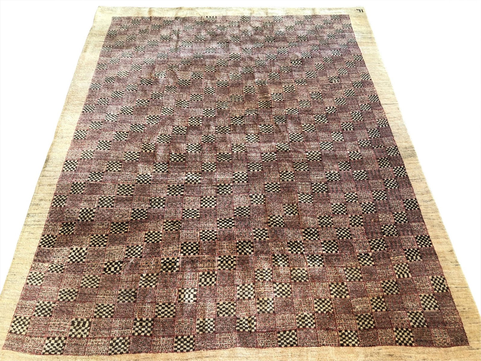 RED, BLACK & BEIGE CHECKERBOARD "TILED" WOOL RUG (1 of 5)