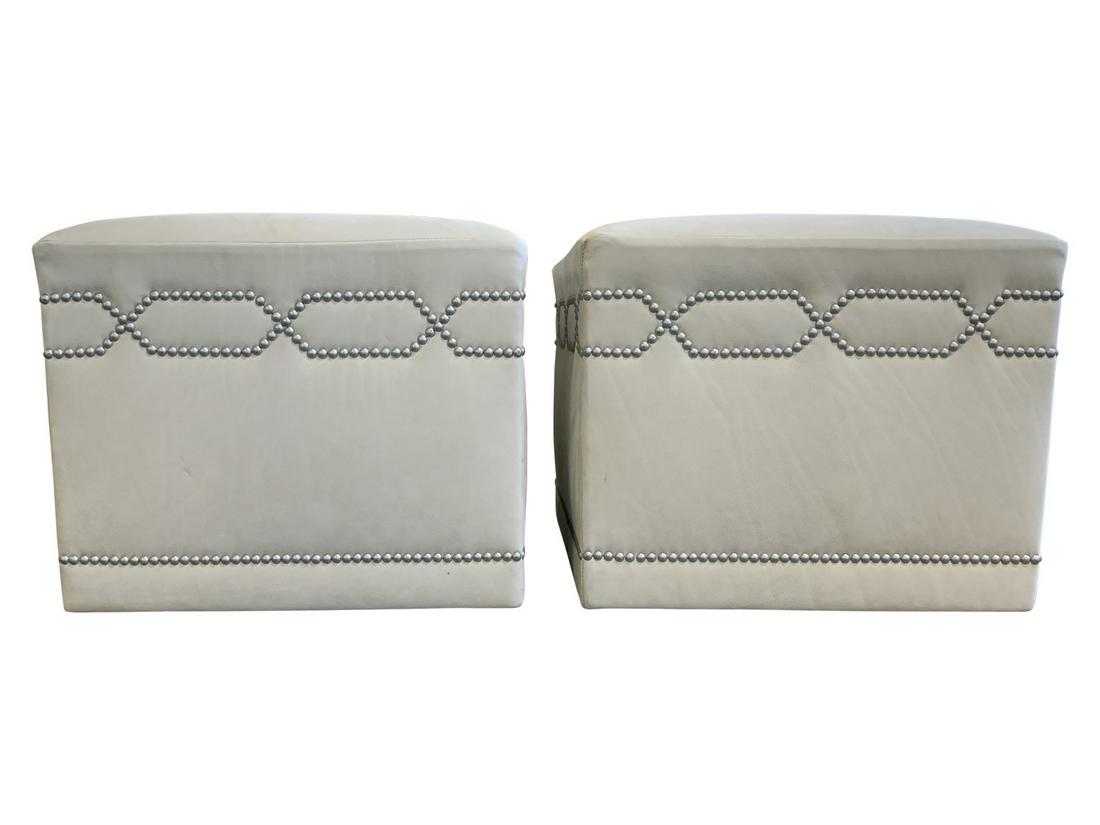 PAIR OF LIGHT GREY LEATHER CUBE OTTOMANS (1 of 6)