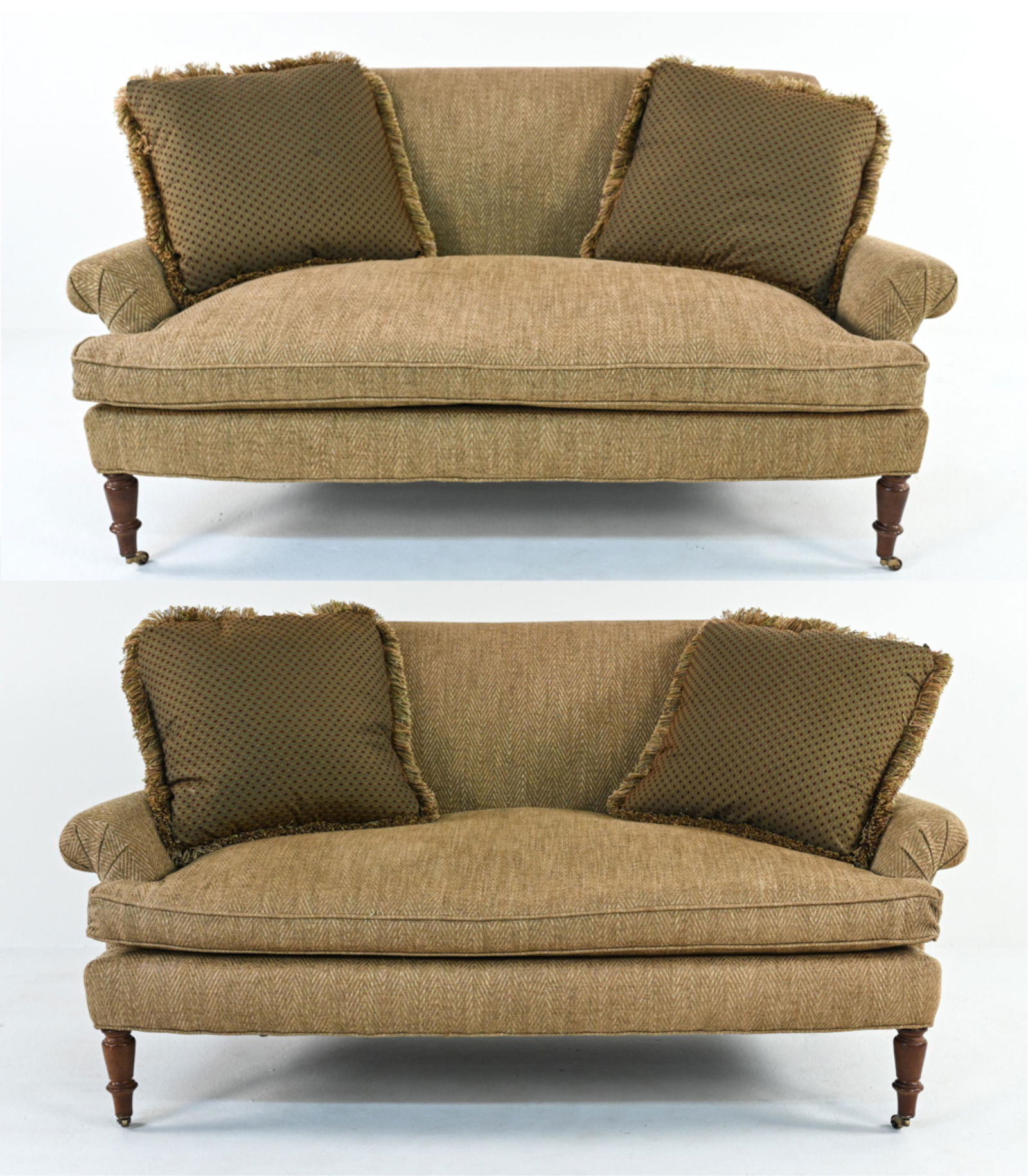 PAIR OF LILLIAN AUGUST ROLLED-ARM SETTEES: In chevron-embroidered chenille fabric. Dimensions: H 34" x W 66.5" x D 34" x SH 16.5" Condition: Light wear consistent with age and use.