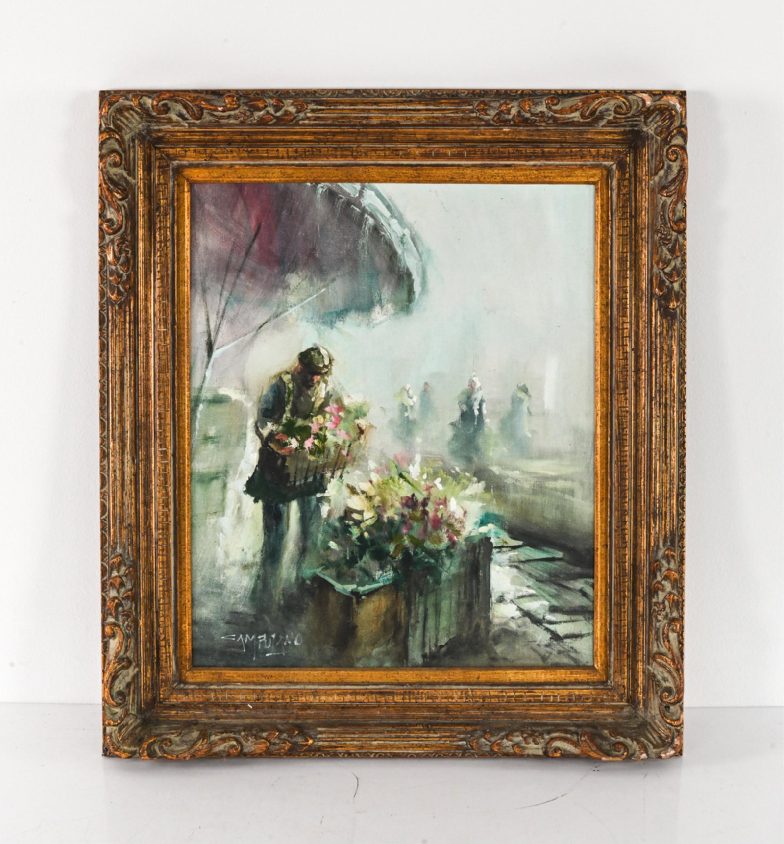 JOSE LUIS CAMPUZANO (1918-1979) O/C: Signed lower left. Dimensions: (Frame) H 32.5" x W 28.5", (Canvas) H 24" x W 20" Condition: Few light marks to paint surface. Frame with few losses and wear.