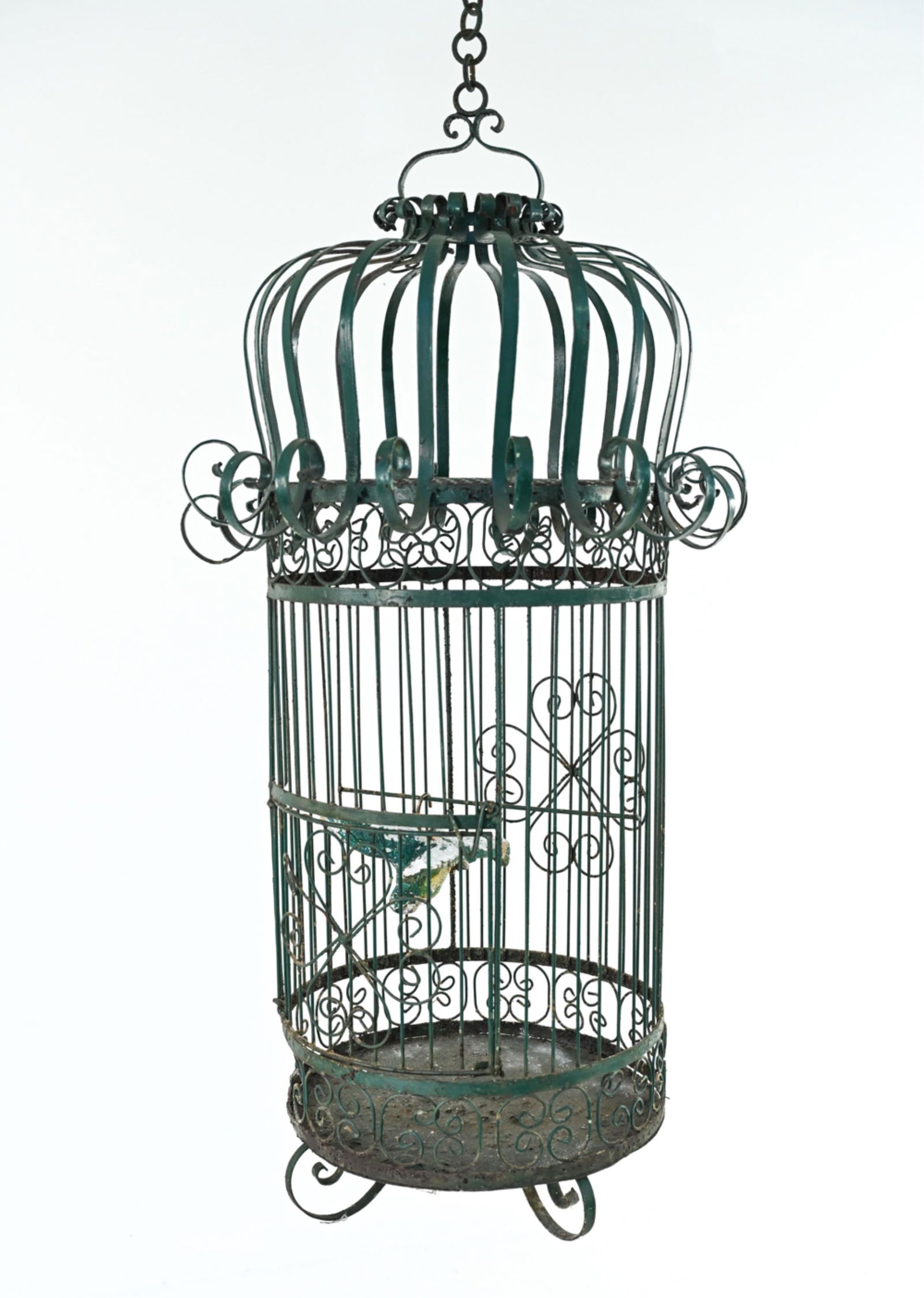 VINTAGE GREEN-PAINTED IRON BIRDCAGE W/ FAUX BIRD (1 of 8)