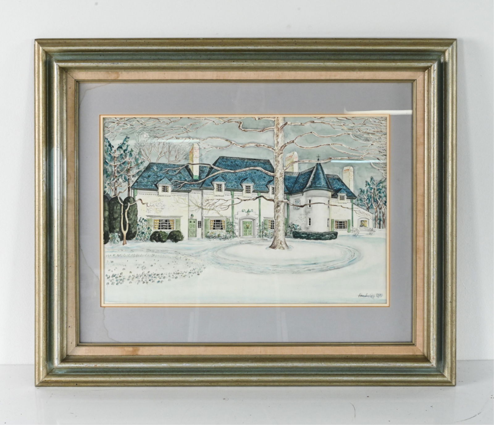 1979 WATERCOLOR OF HOUSE, SIGNED HENDRICKS: Signed Hendricks, dated 1979 lower right. Dimensions: (Frame) H 29.25" x W 35.25", (Sight) H 15.5" x W 23.5" Condition: Frame wear. Water staining to mat lower left. Soiling to linen liner of frame.