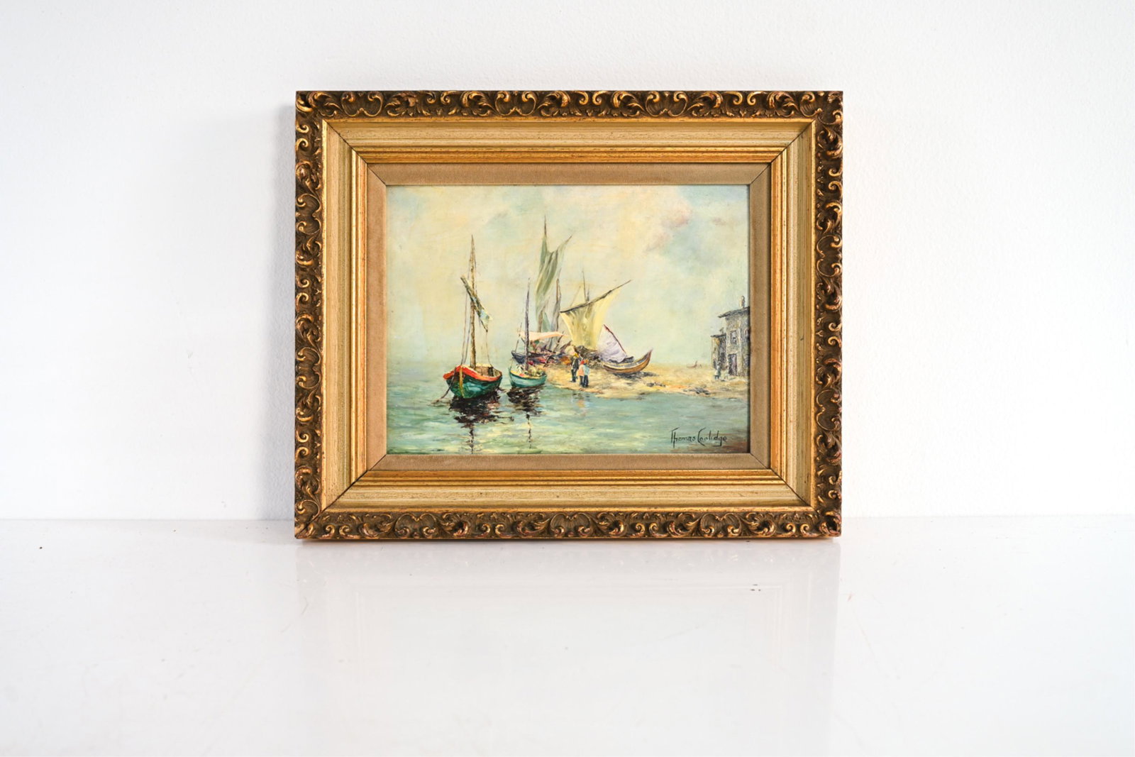 MID-CENTURY THOMAS COOLIDGE O/M; SAILBOATS: Oil on masonite; signed Thomas Coolidge lower right. Dimensions: (Frame) H 13.5" x W 16.75" (Painting) H 9" x W 12" Condition: Painting with some surface grime. A few losses to velvet liner; rubs to p
