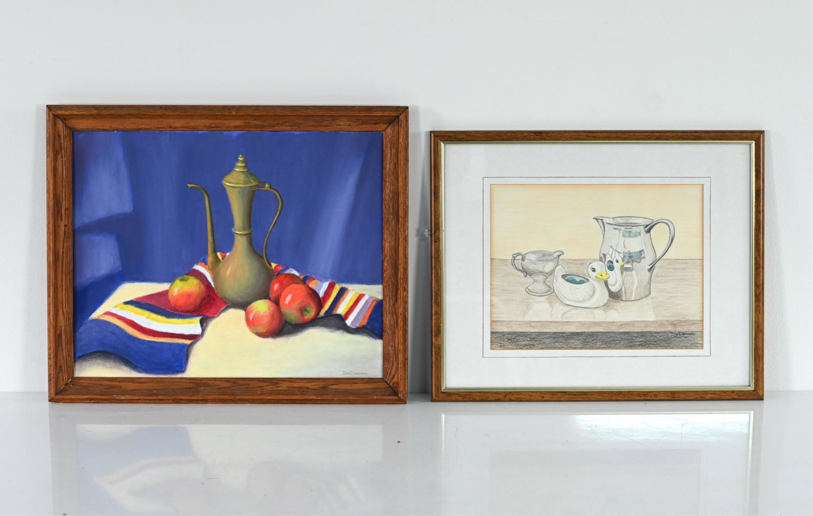 (2) TIMOTHY F. DONOVAN, CT (B. 1919) STILL LIFES: Oil on canvas panel, graphite and pastel on paper; each signed lower right. Dimensions: (Larger frame) H 19" x W 23" (Painting) H 16" x W 20" Condition: Not examined out of frames. Paper with light ag