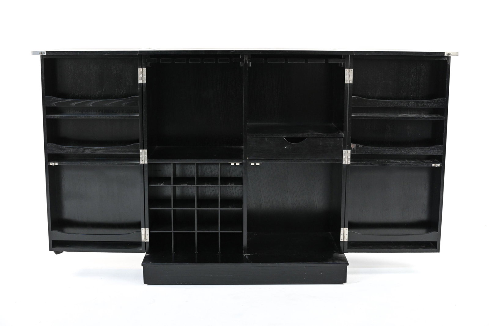 CONTEMPORARY FOLDING WINE BAR CABINET: Expandable bar cabinet in the style of Arhaus, with expandable serving top, wine and liquor bottle storage and stemware rack. Dimensions: (Closed) H 42" x W 36.5" x D 22.5" Condition: Nicks and scuffs