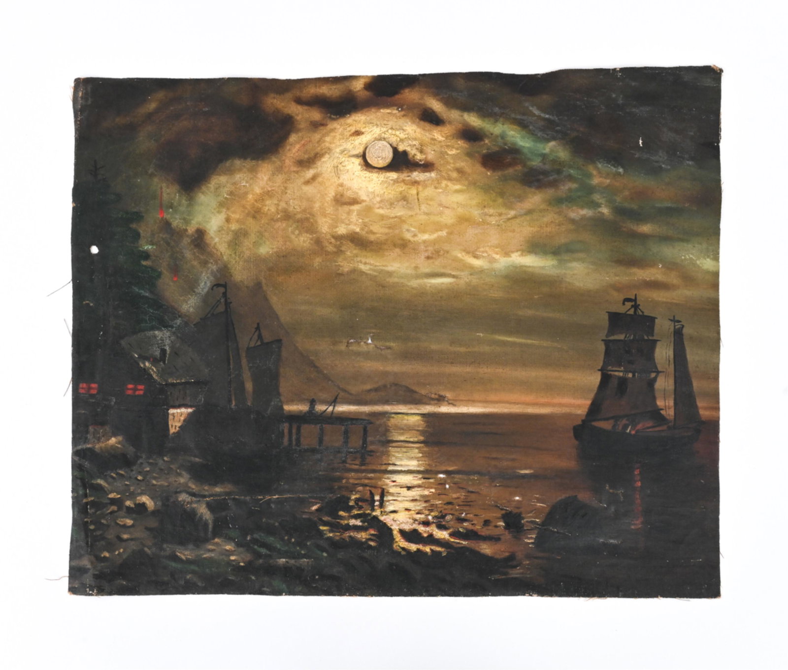 C. 1900. O/C NIGHTTIME HARBOR SCENE: Apparently unsigned. Dimensions: H 16.25" x W 20.25" Condition: As-is. Canvas apparently cut from stretcher; with several tears and holes. Surface grime and rubbing, a few paint losses.