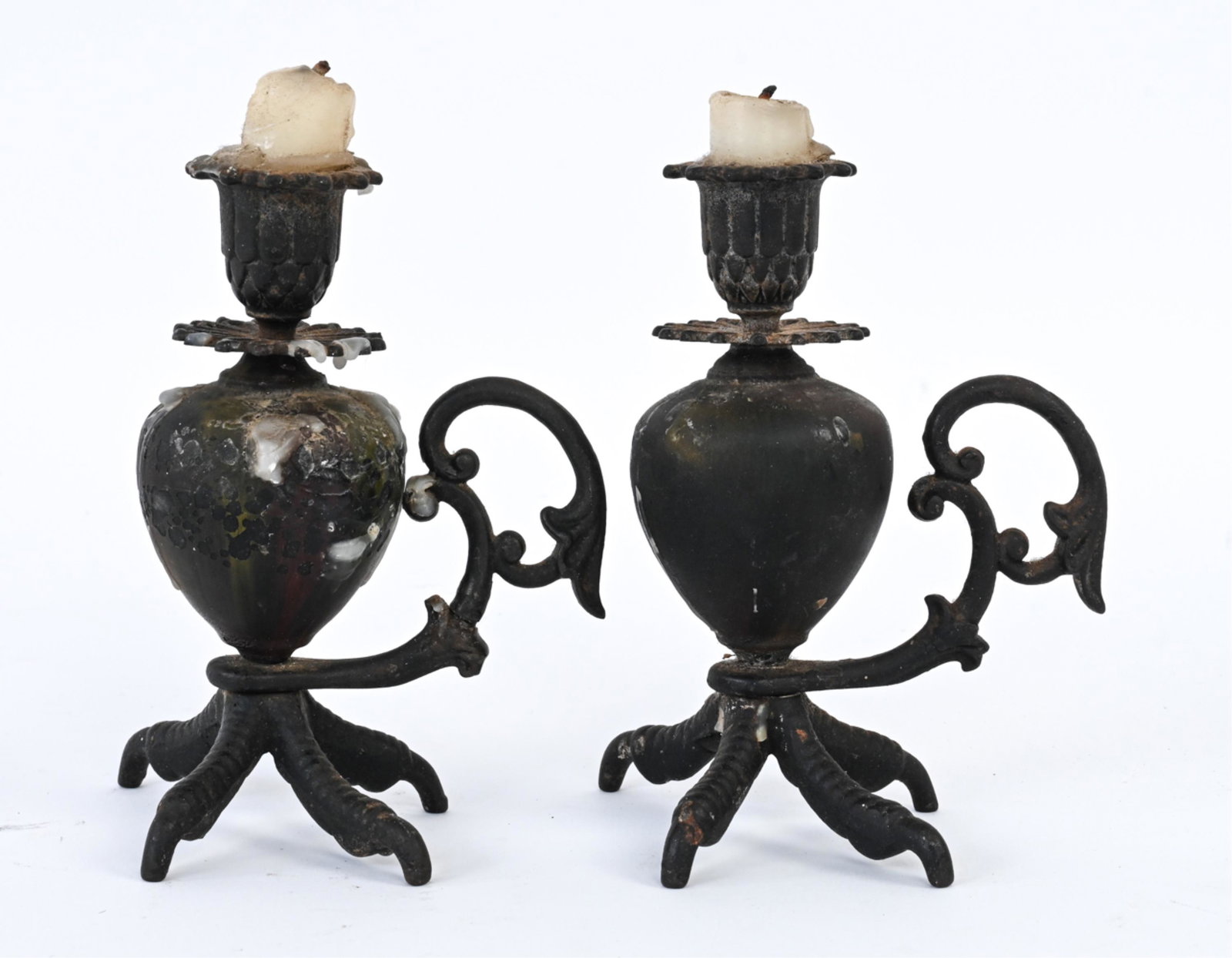 PAIR OF ANTIQUE IRON CLAW FOOT CANDLESTICKS (1 of 9)