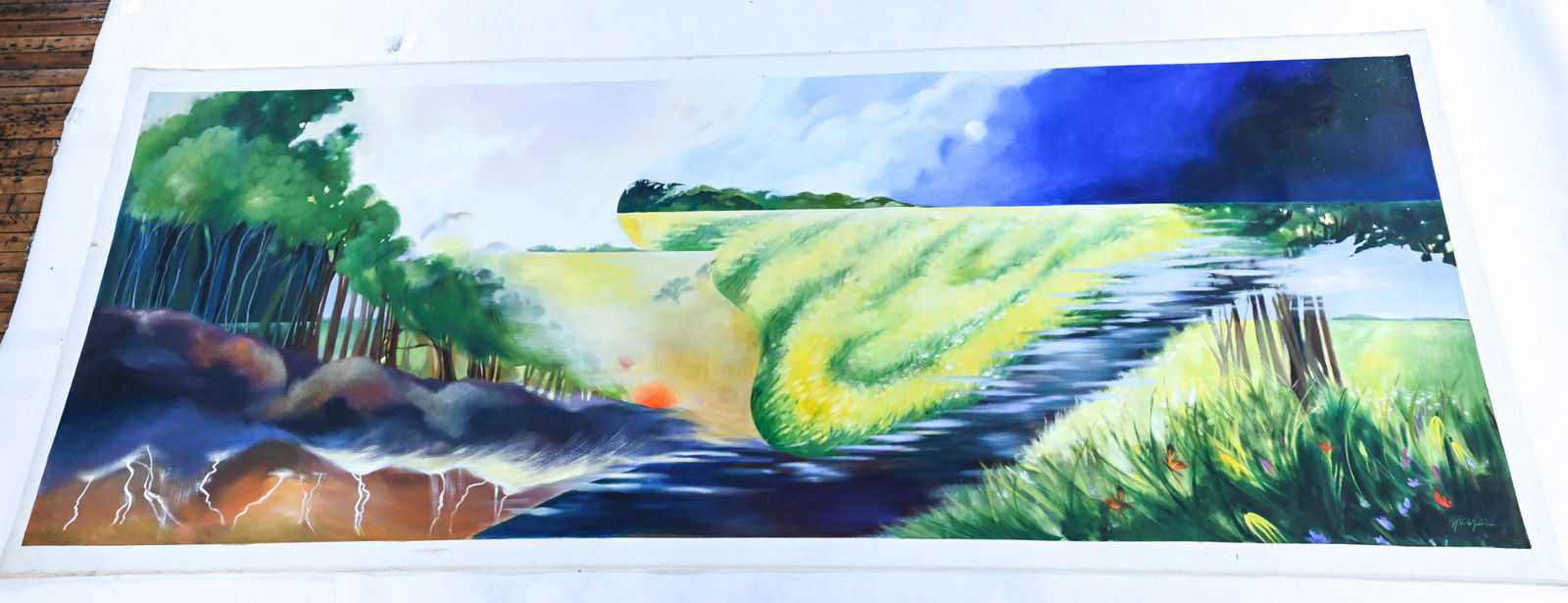 DONNA MARXER (1934-2019) OVERSIZED O/C PANORAMA: Panoramic landscape, signed lower right. Titled "Prairie Suite: Summer". Provenance: From the estate of the artist. Dimensions: (Overall) H 54" x W 141" Condition: Canvas unframed and unstretched. A f