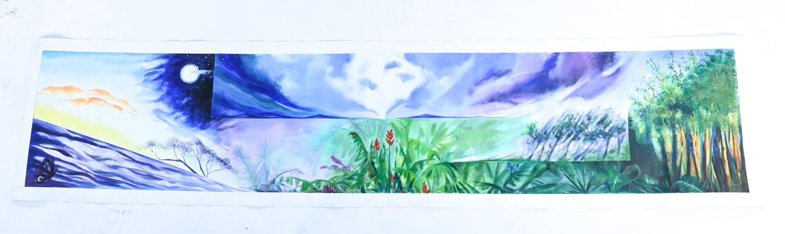 DONNA MARXER (1934-2019) PANORAMIC LANDSCAPE O/C: Signed lower right. Titled "The Butterfly Landscape". Provenance: From the estate of the artist. Dimensions: H 22" x W 97.25" Condition: Canvas unframed and unstretched. A few stray marks to margins.I