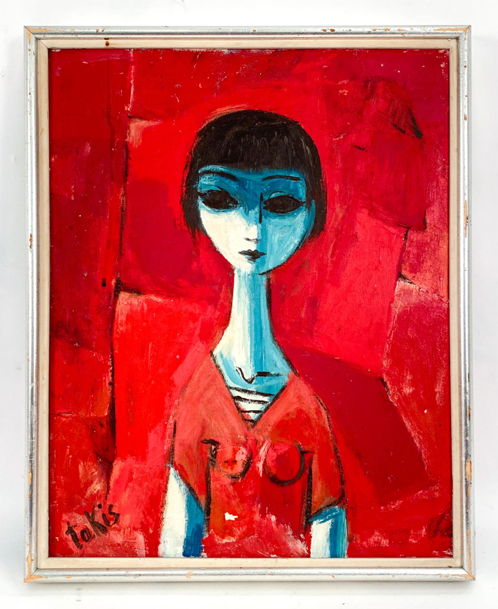 NICHOLAS TAKIS (1903-1965) O/C: Oil on canvas, young woman. Signed lower left. Back of frame with a couple inventory numbers. Dimensions: (Frame) H 22" x W 18", (Canvas) H 20" x W 16" Condition: Scattered paint loss. Rubbing to fram