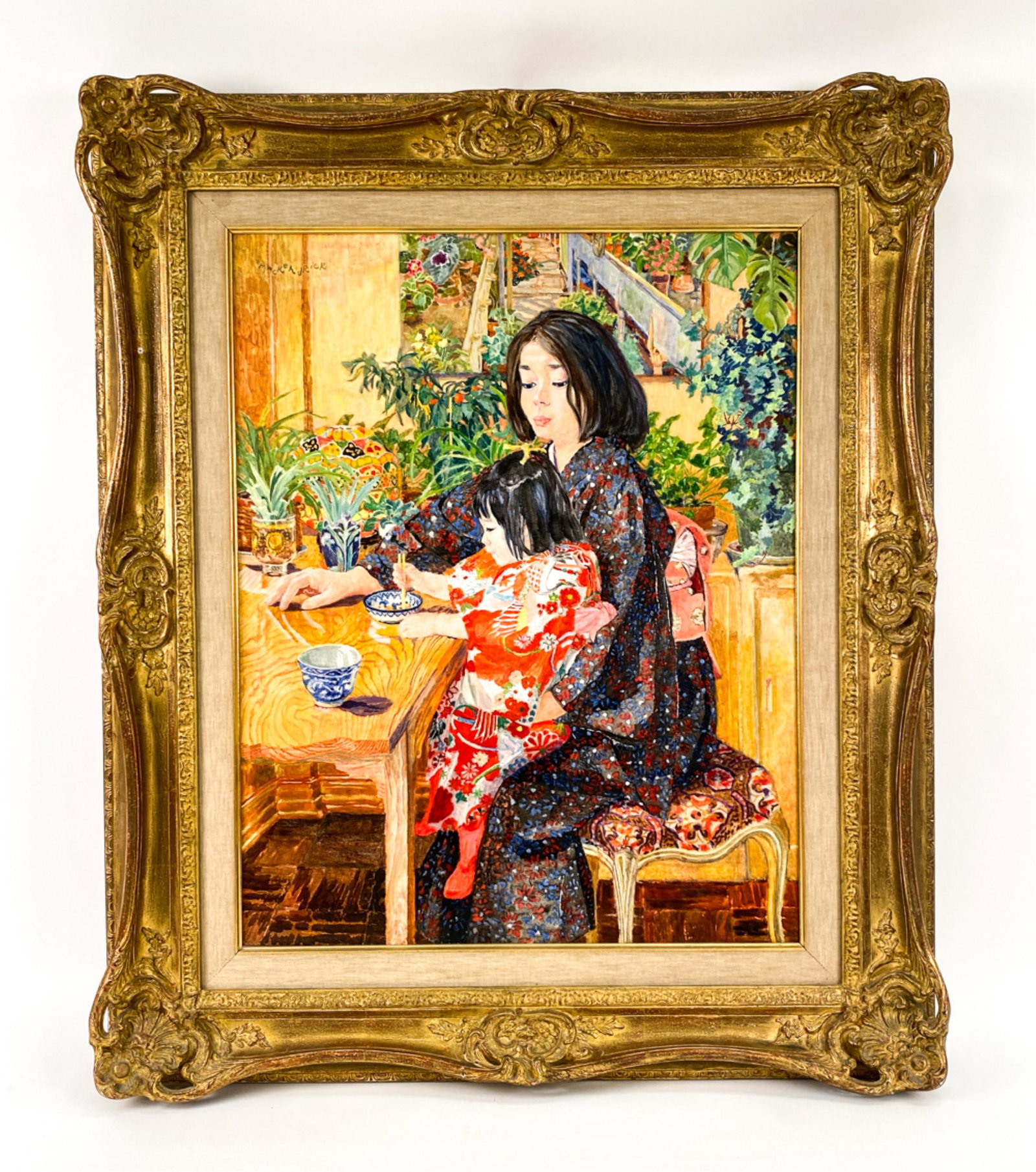 LILLIAN MACKENDRICK (1906-1987) O/C: Signed upper left. Inscribed, dated 1967 verso, along with another signature. Accompanied with 1967 Hirschl & Adler Galleries catalog; this is #7, titled "Mother and Child." Dimensions: (Frame) H 41" 