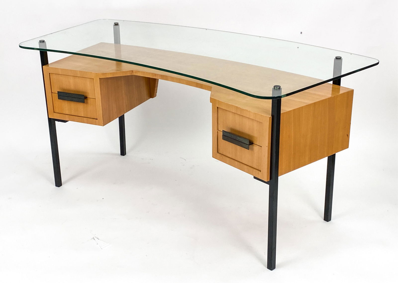 JACQUES HITIER LA MERIDIENNE DESK: Vintage desk designed by Jacques Hitier for La Meridienne. Steel, wood and glass, c.1950s. Dimensions: H 30" x W 29" x D 62.75" Condition: Surface wear, scuffs and scratches consistent with age and us