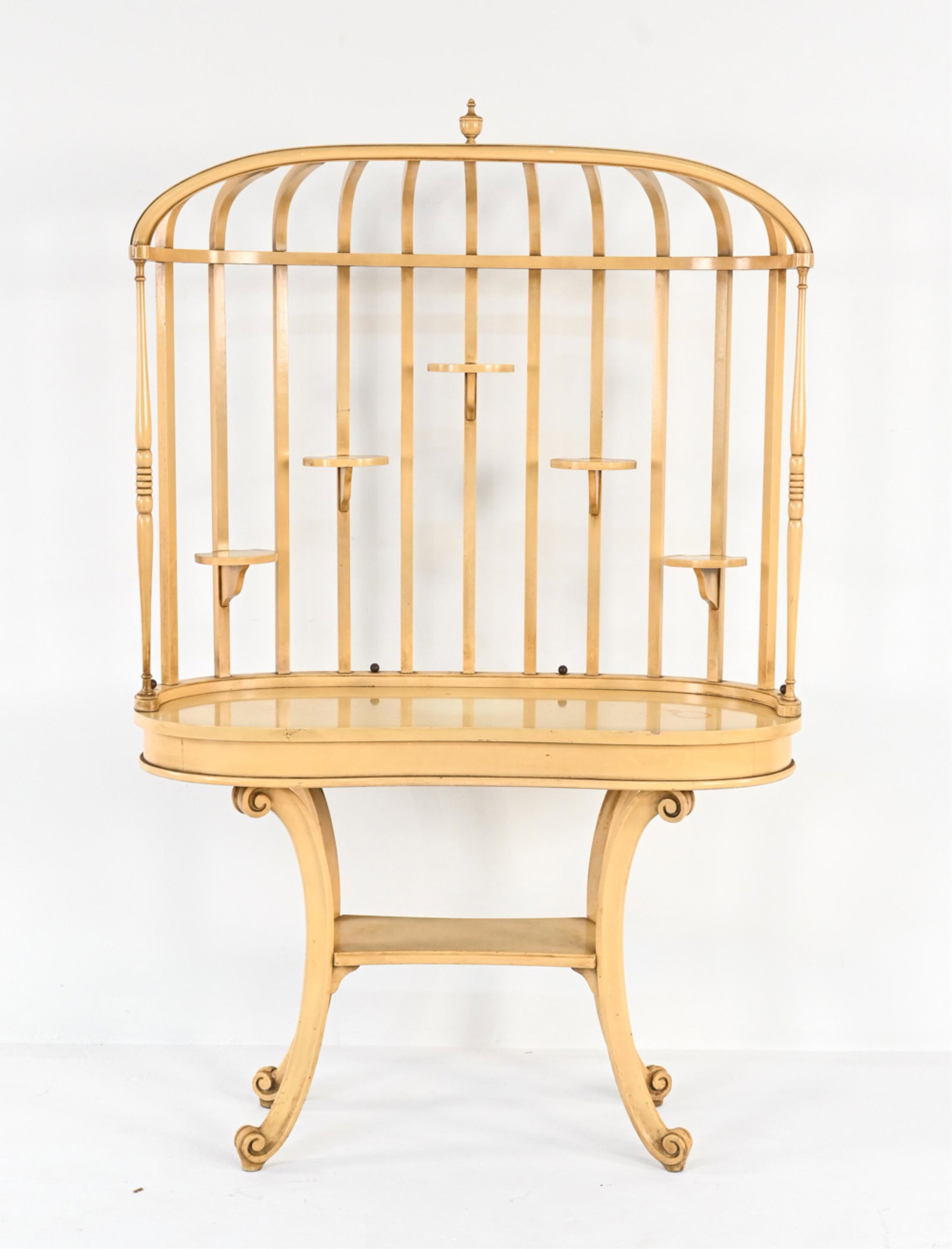 FRENCH HOLLYWOOD REGENCY BIRD CAGE CONSOLE TABLE: Dimensions: H 65" x W 41.5" x D 15.75" Condition: Nicks and small losses to lacquer finish; fading and water ring/soiling to top, scattered dings and scuffs.
