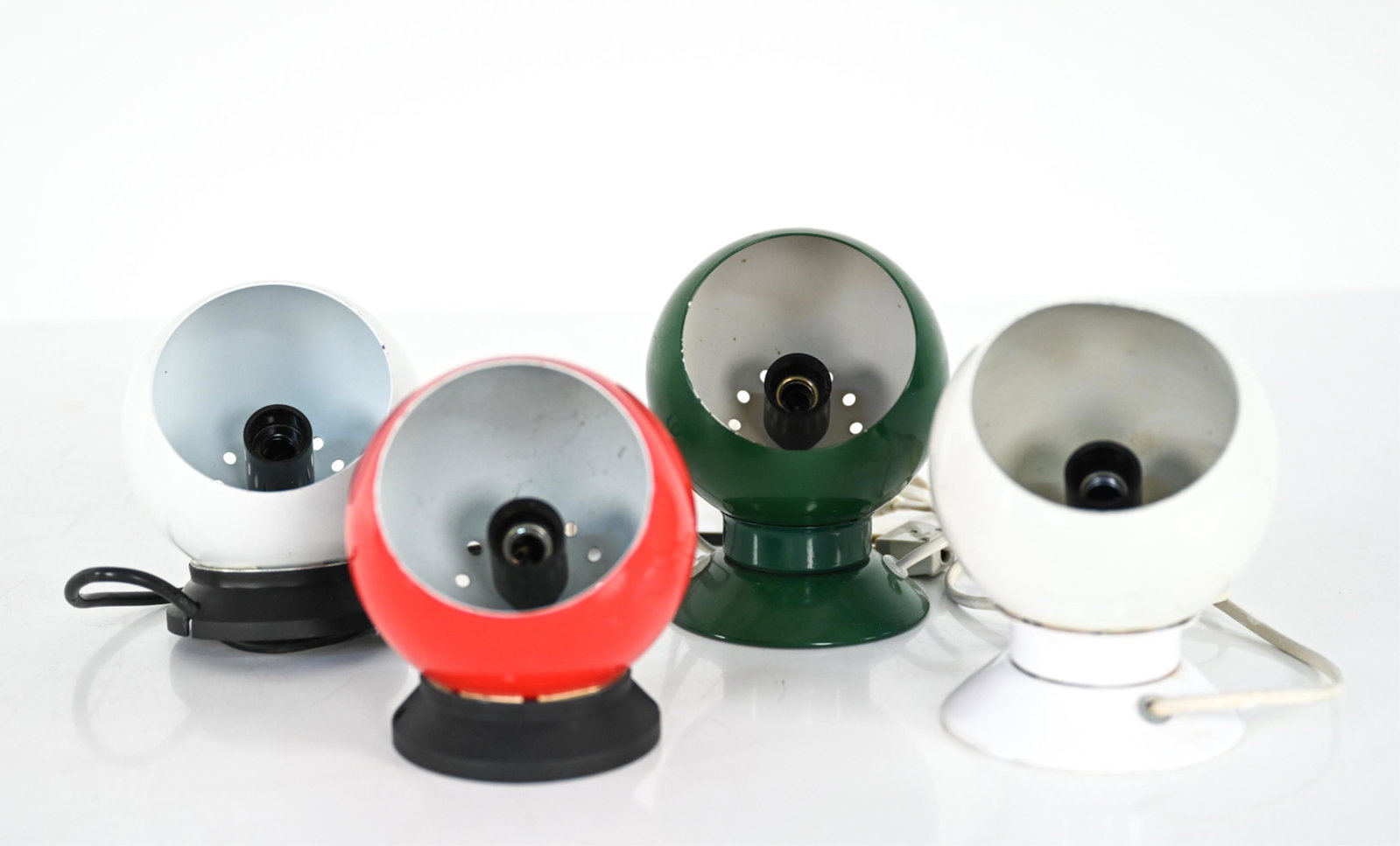 (4) BENNY FRANDSEN FOR ABO RANDERS MAGNETIC LIGHTS: (4) Danish mid-century magnetic ball lights designed by Benny Frandsen for ABO Randers. With labels. Dimensions: H 6" x Dia. 4.5" Condition: Untested; European wiring. Few scuffs and scratches. Signs 