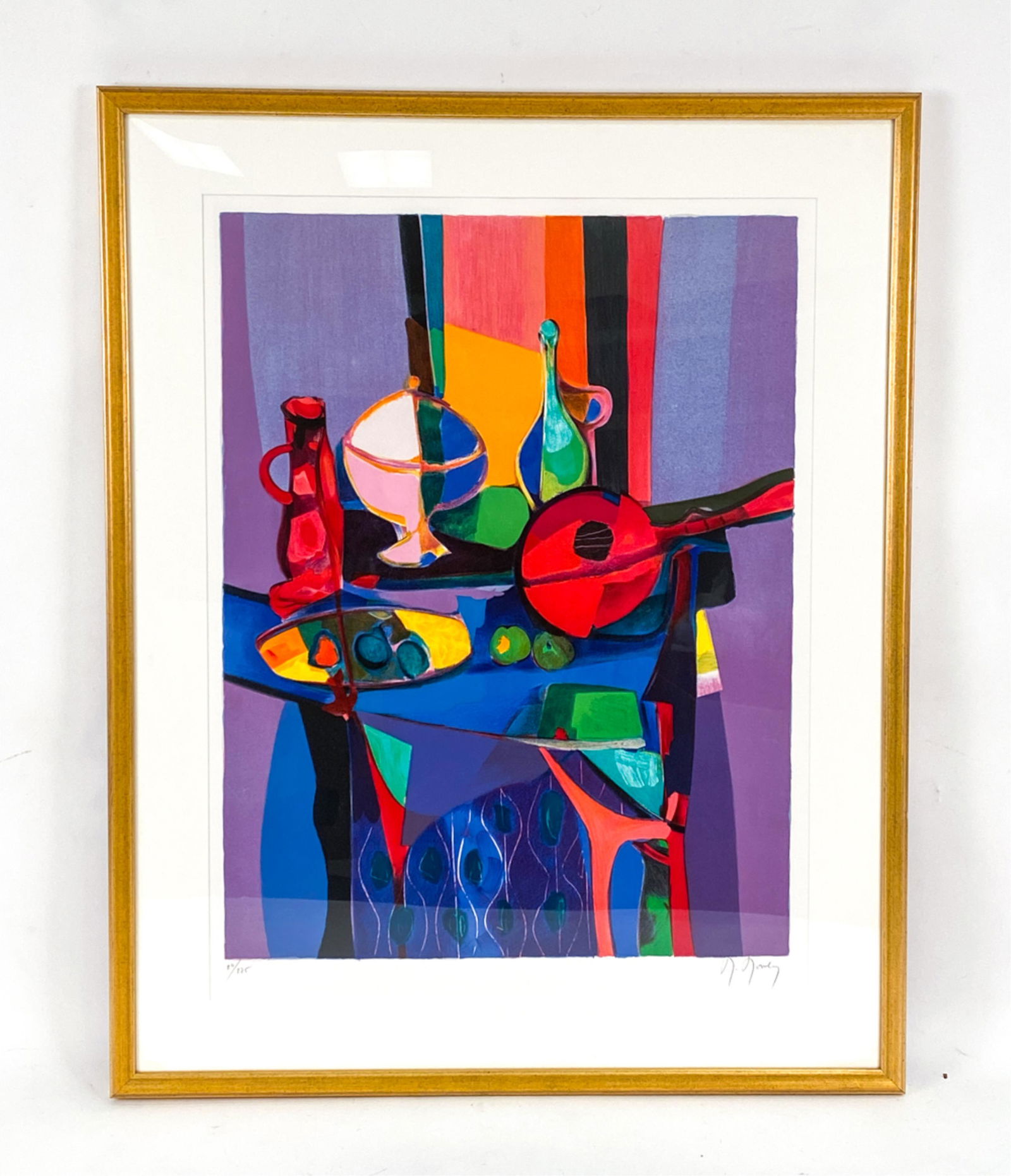 MARCEL MOULY, FRENCH (1918-2008) SERIGRAPH: Large brilliantly colored modernist still life. Pencil signed, numbered 84/275. Dimensions: (Frame) H 38.5" x W 30.5", (Sight) H 31" x W 23" Condition: Paper clean, colors bright. Couple stray marks t